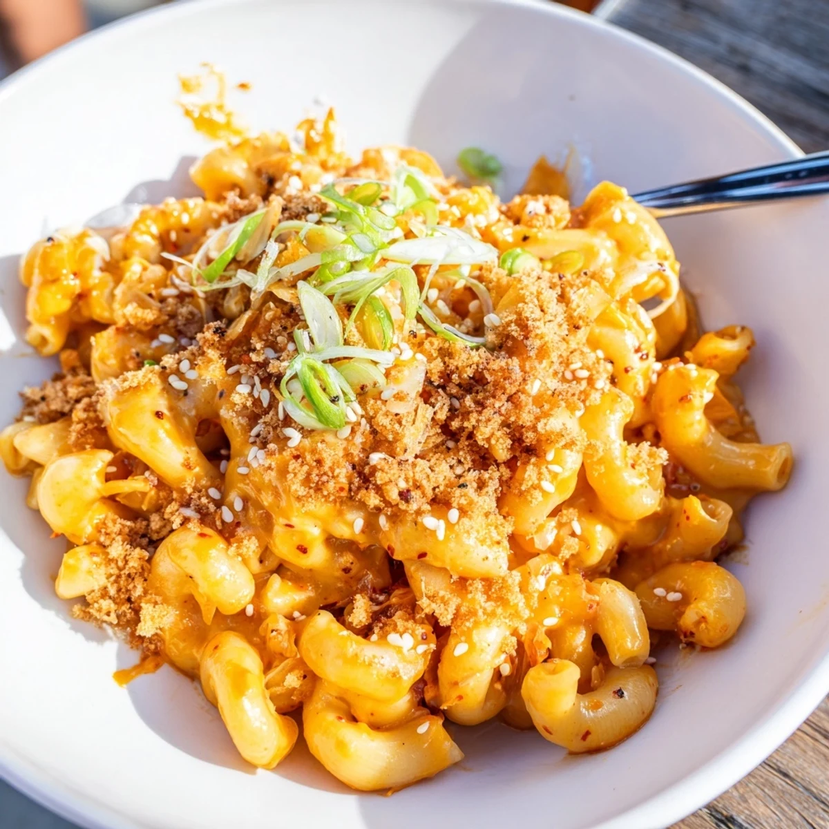 Baked Spicy Kimchi Mac & Cheese dish, combining creamy cheese and tangy kimchi.