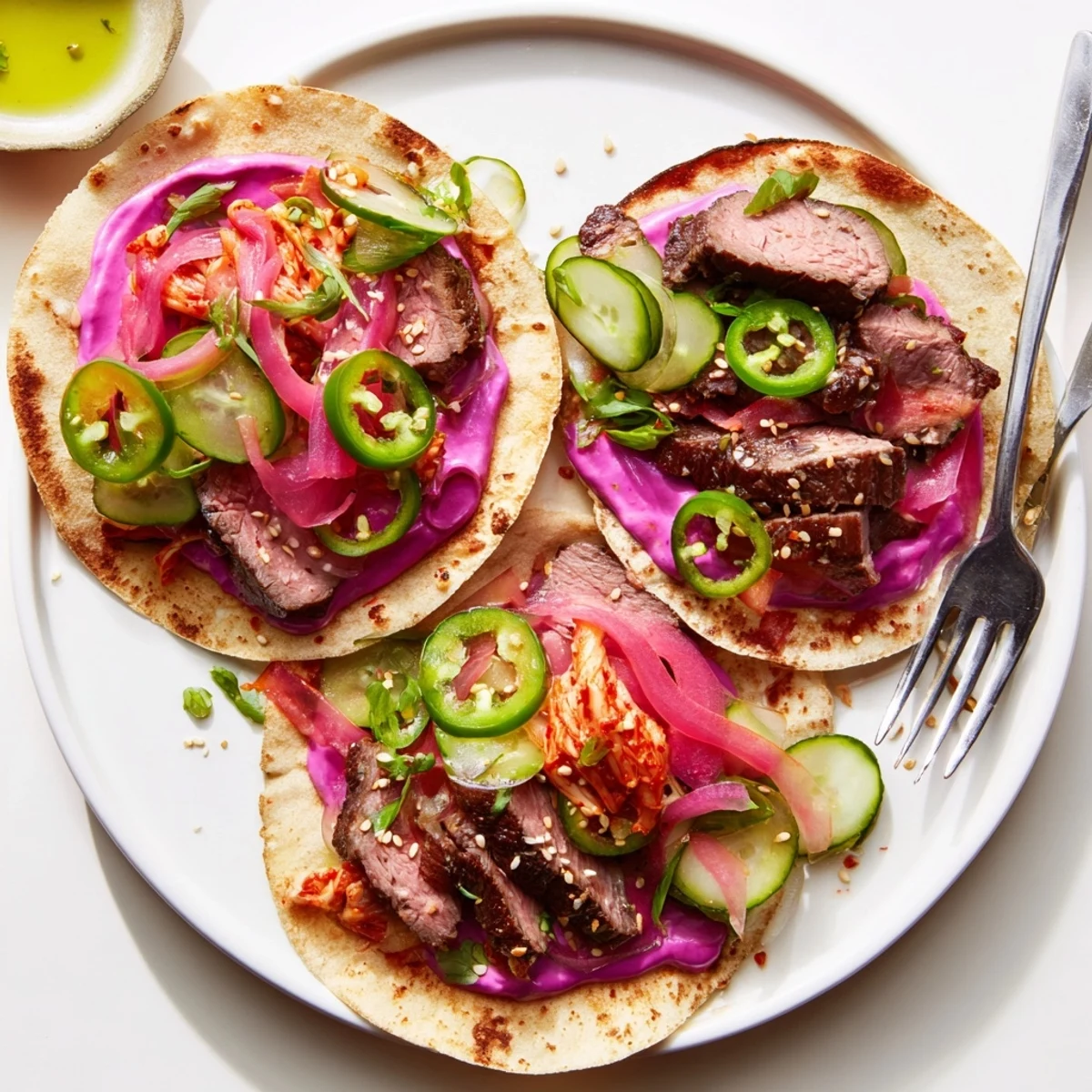 Flavorful Global Street-Food Fusion Tacos topped with kimchi, cilantro, and pickled onions.  