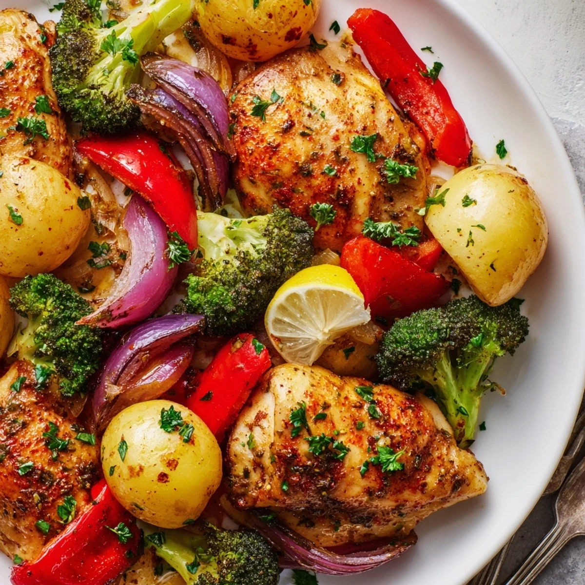 Juicy Lazy Gourmet Chicken & Vegetable One-Pot dish served with bright lemon wedges.  