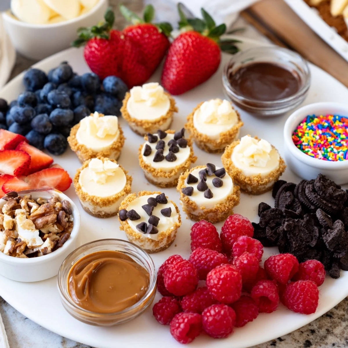 Indulge in a colorful deconstructed dessert board featuring delicious cheesecake bites and sweets.
