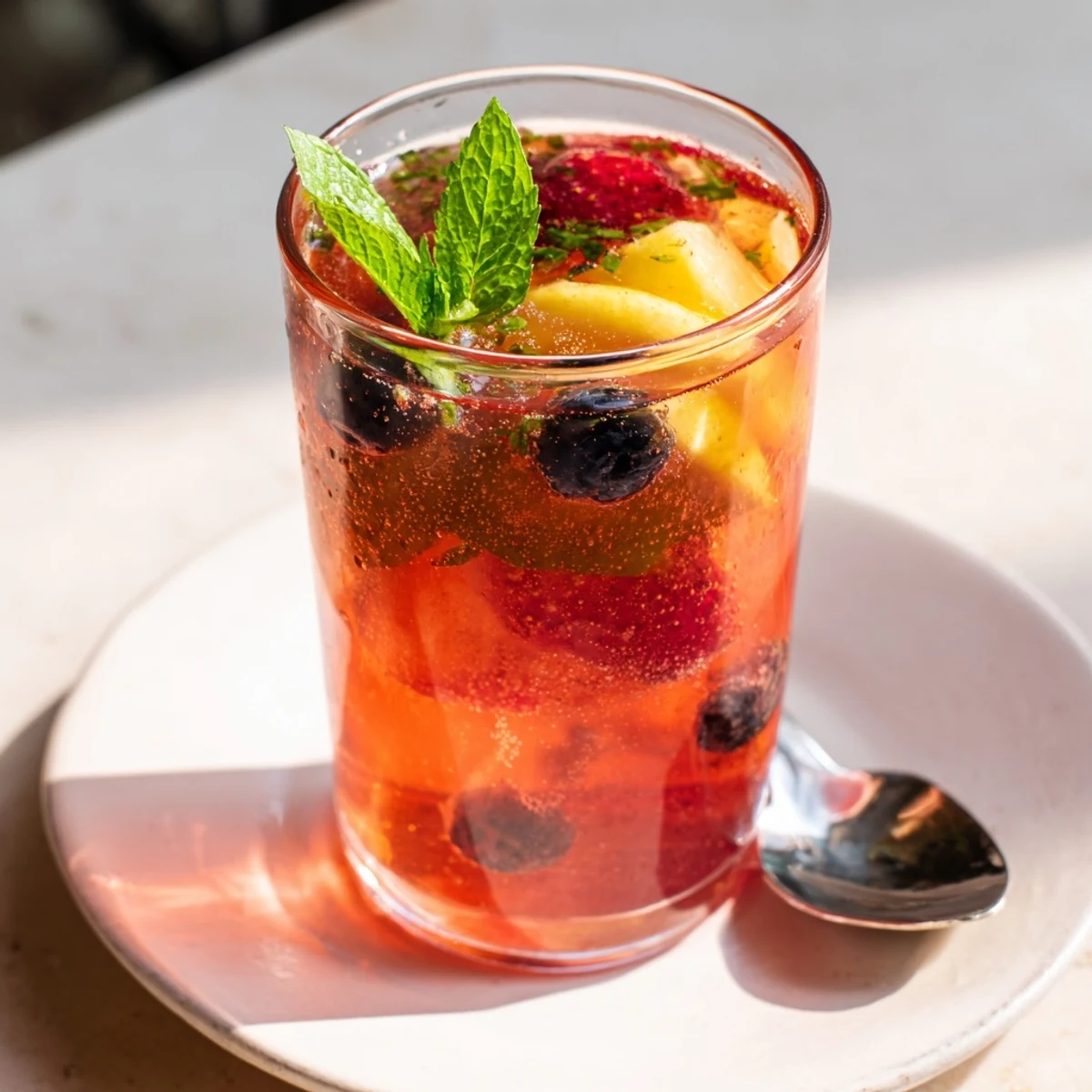 Refreshing Kombucha-style home-brew mocktails with berries and mint for summer enjoyment.