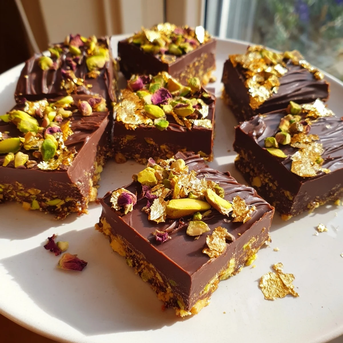 Decadent chocolate bar inspired creations topped with crunchy pistachios and rose petals.  