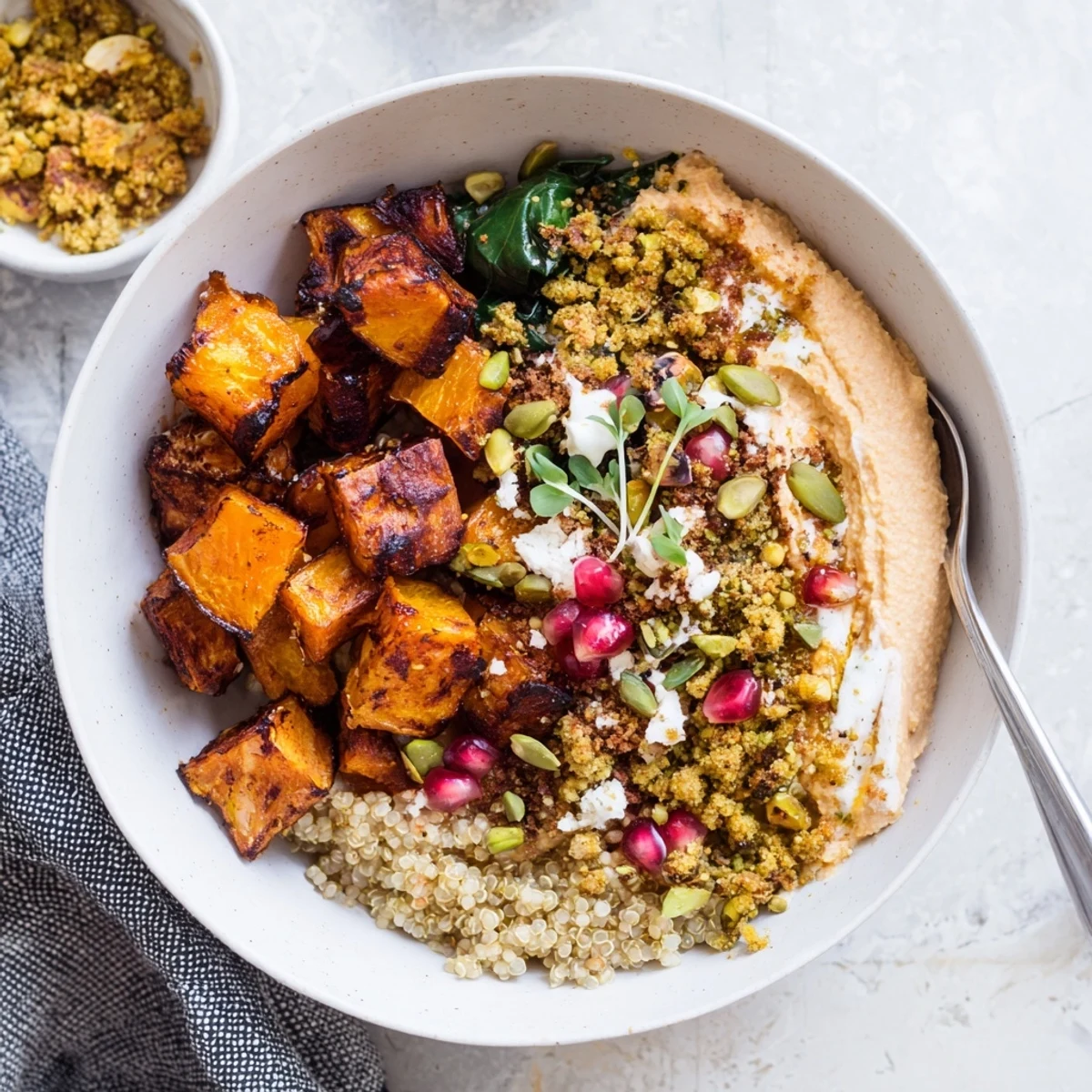 Vibrant winter bowls featuring sweet roasted vegetables and crunchy pistachio-maple crumble.  