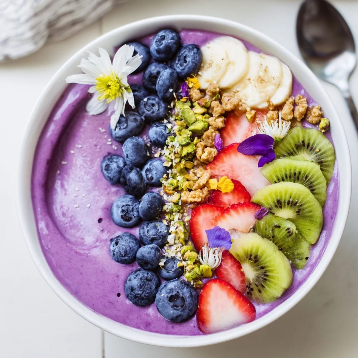 Colorful vibrant smoothie bowls topped with fresh fruits and crunchy pistachios enhance breakfast.  