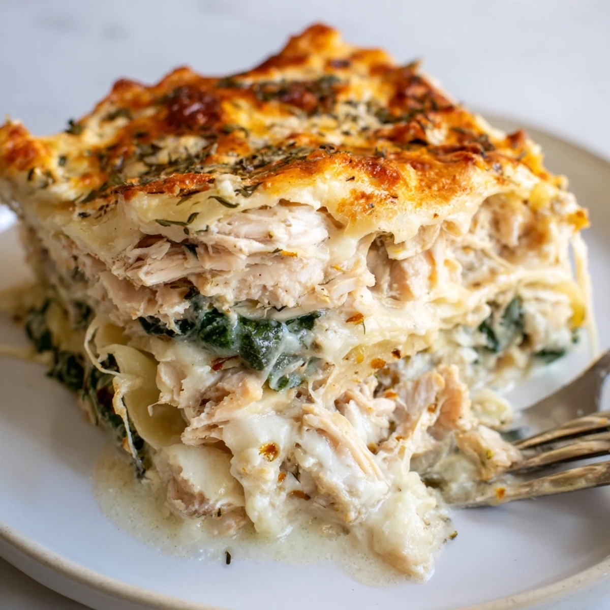 Creamy rosemary chicken lasagna served hot, with bubbling cheese and golden crust.  