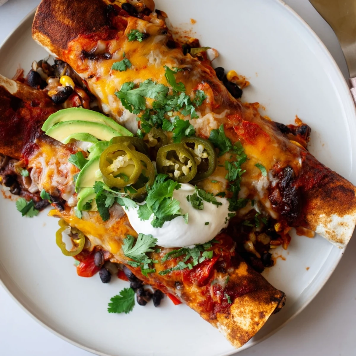 Savory Farmers Market Vegetarian Enchiladas filled with seasonal veggies and black beans.  