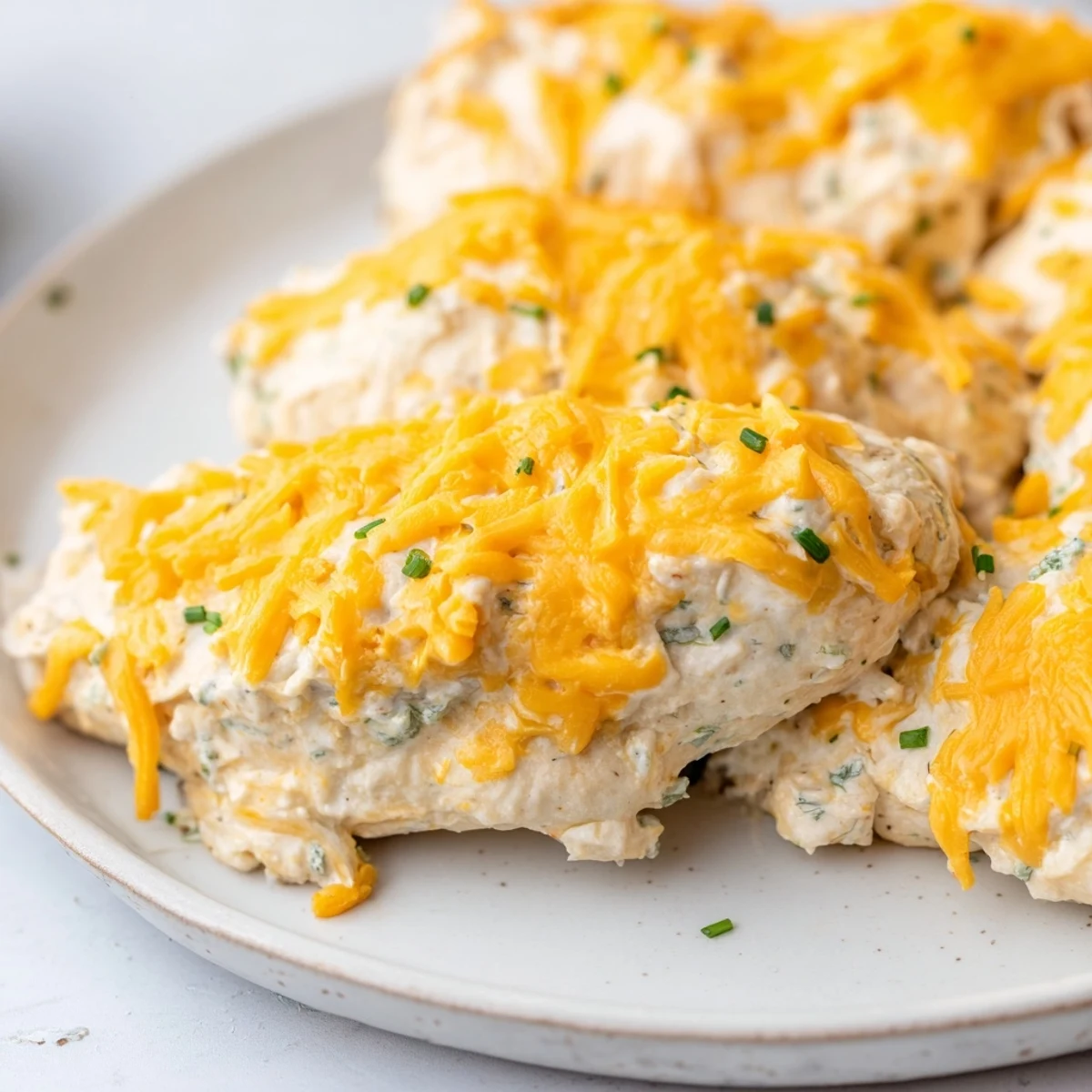 Juicy Cheddar Ranch Chicken Bake topped with golden cheese and fresh herbs, irresistible delight.  