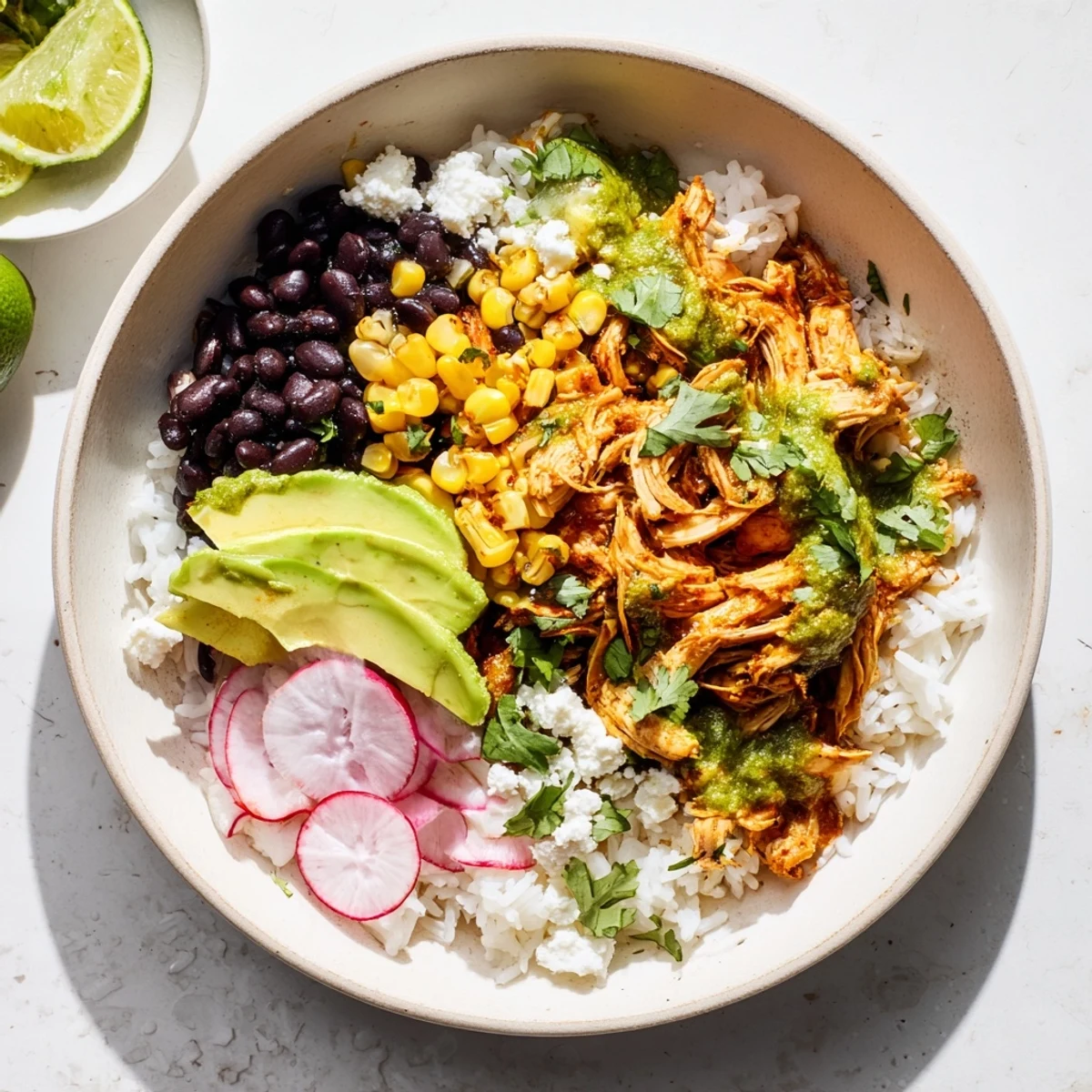 Satisfying green enchiladas rice bowl featuring tender chicken, zesty sauce, and cheese.  