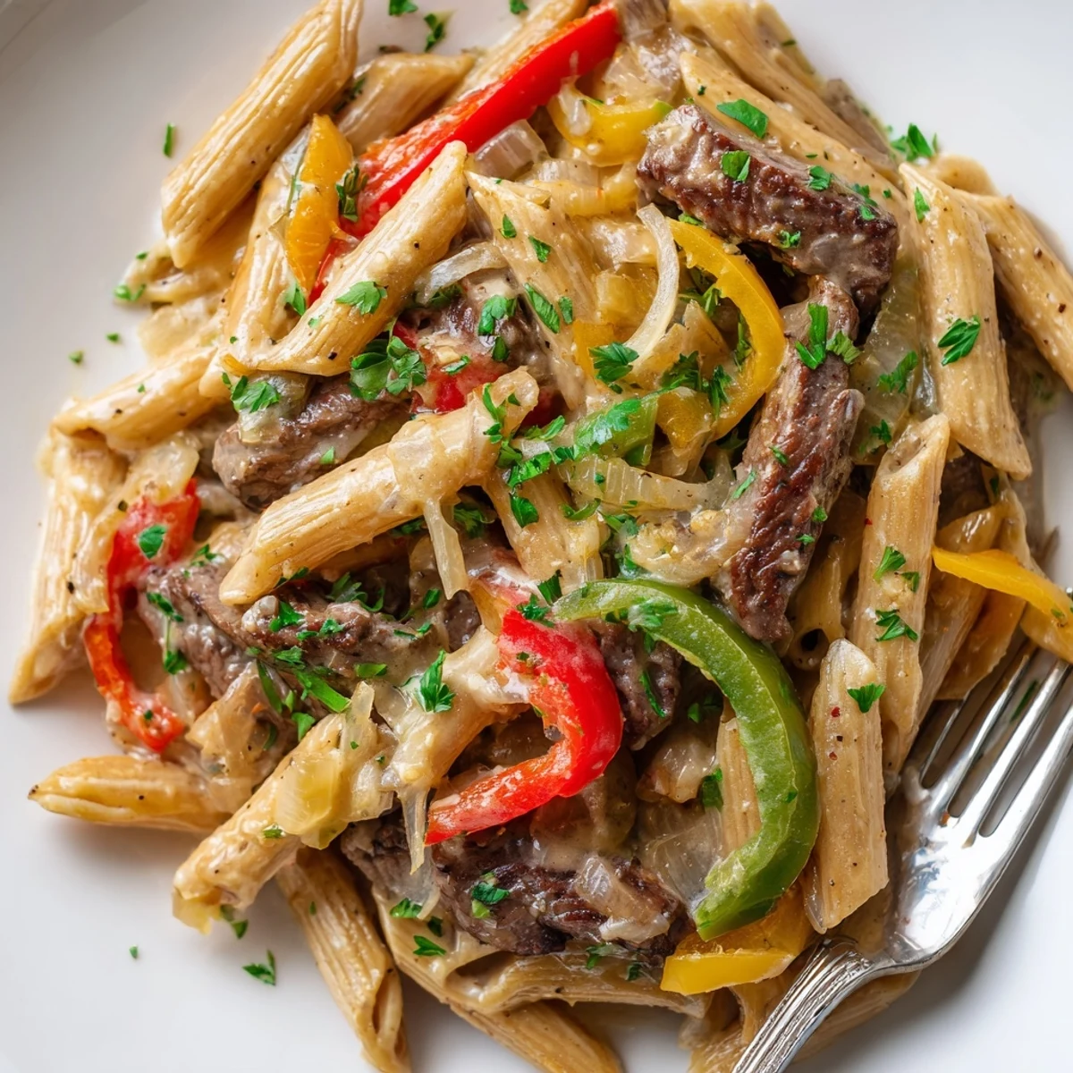 Tender Philly Cheese Steak Pasta topped with melted cheese and vibrant veggies.  