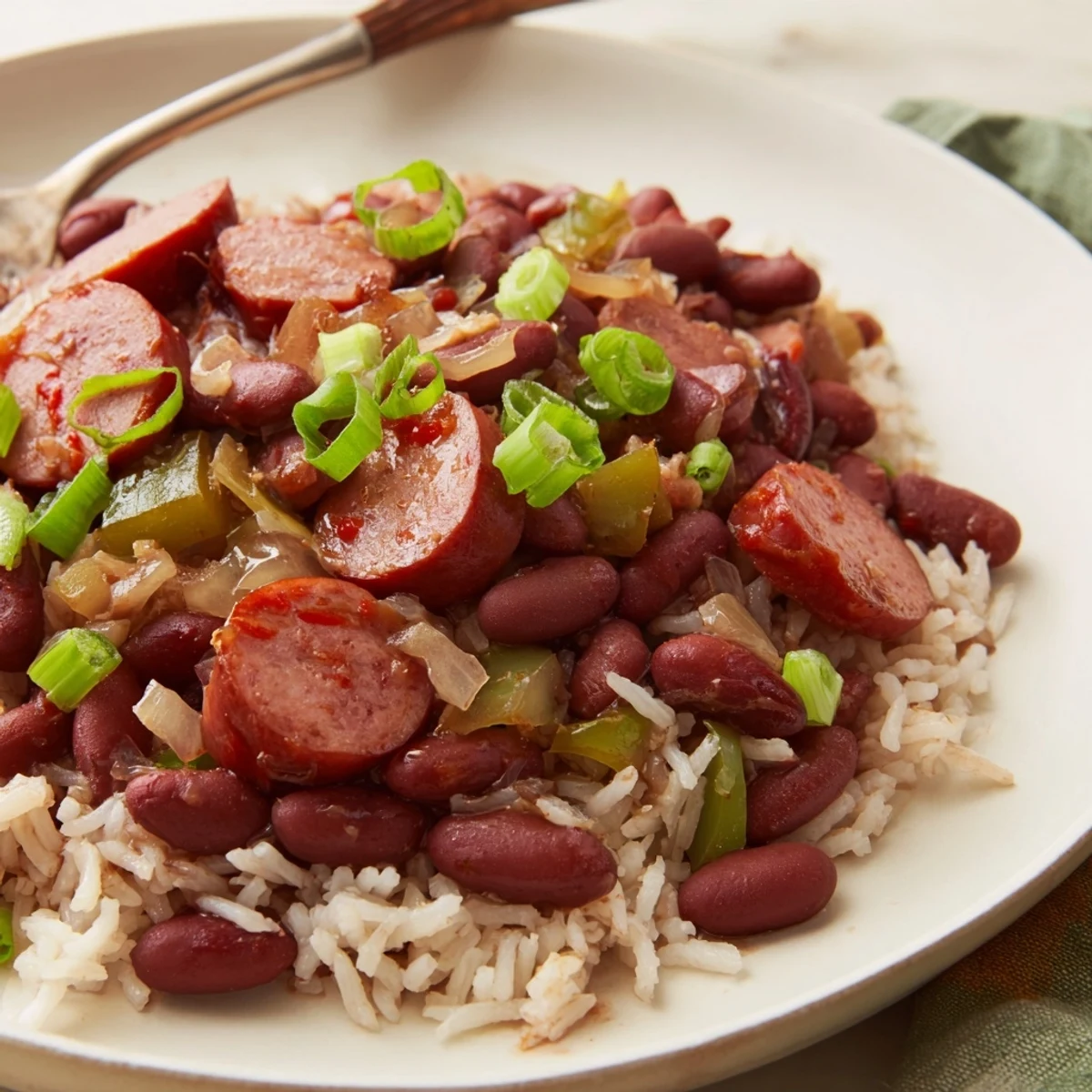 Comforting bowl of Red Beans & Rice simmered to creamy perfection.