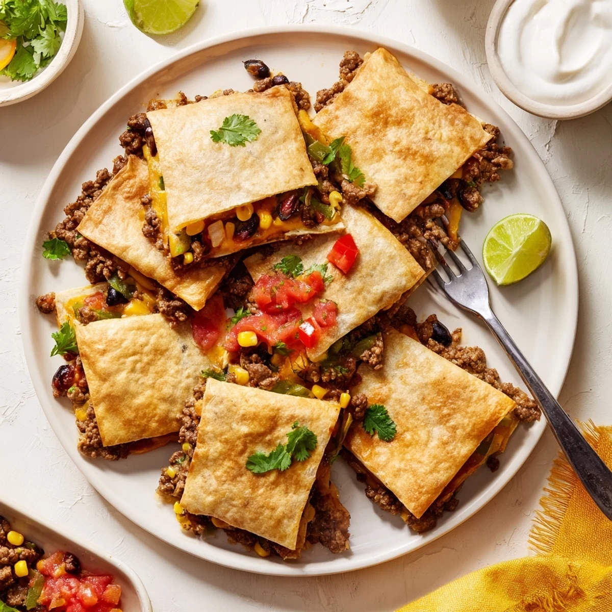 Golden quesadillas layered with seasoned beef and melted cheese, ready to serve hot.  