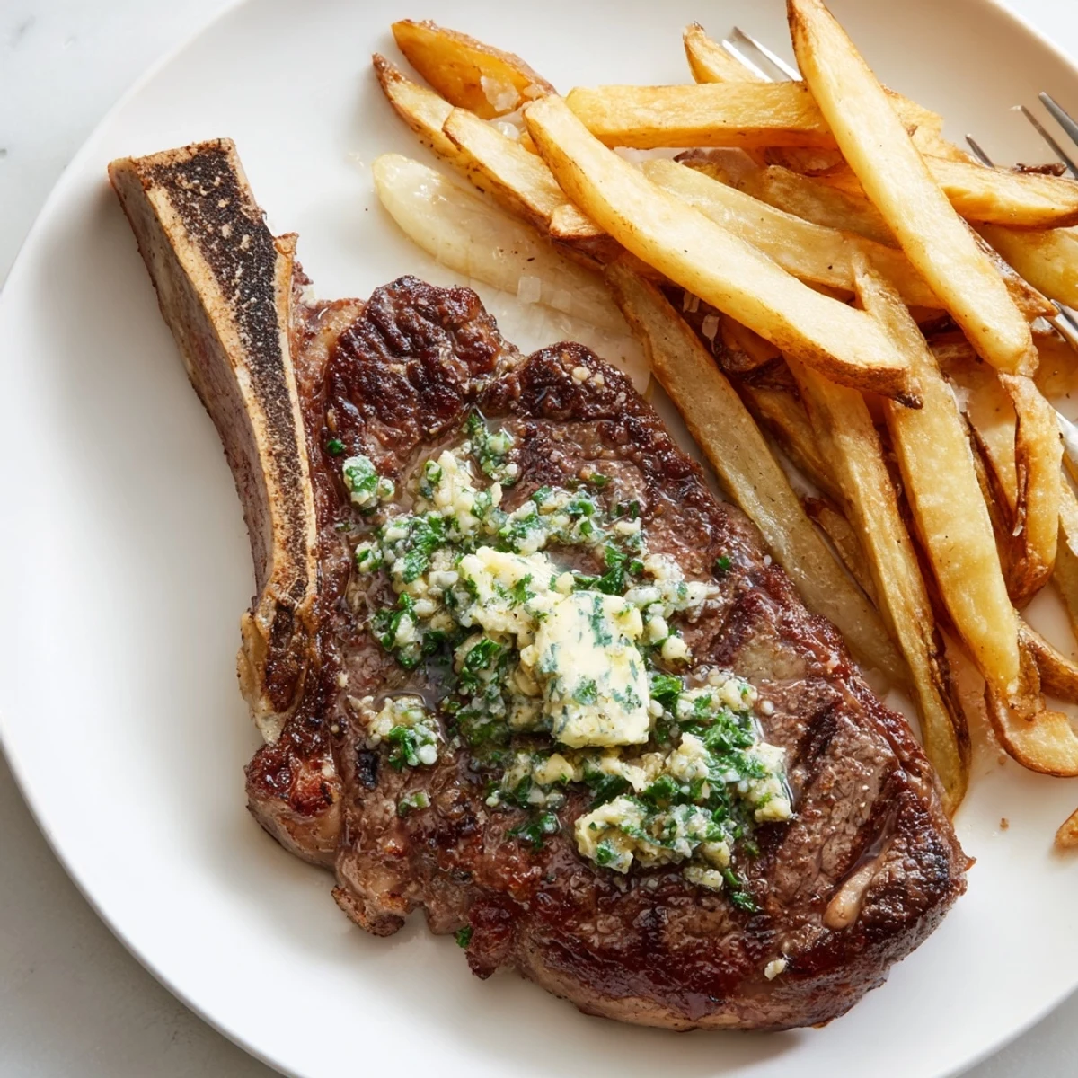 Perfectly seared Steakhouse Garlic Butter Steak, plated with golden crisp fries and herbs.  