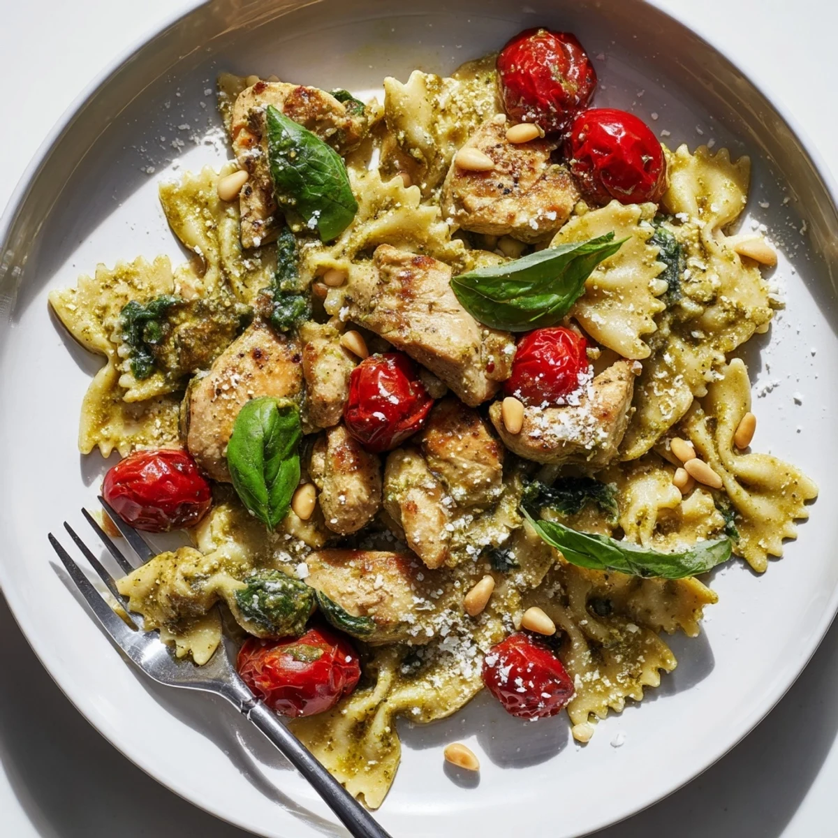A delicious Pesto Chicken Bowtie Pasta topped with fresh basil and pine nuts.  