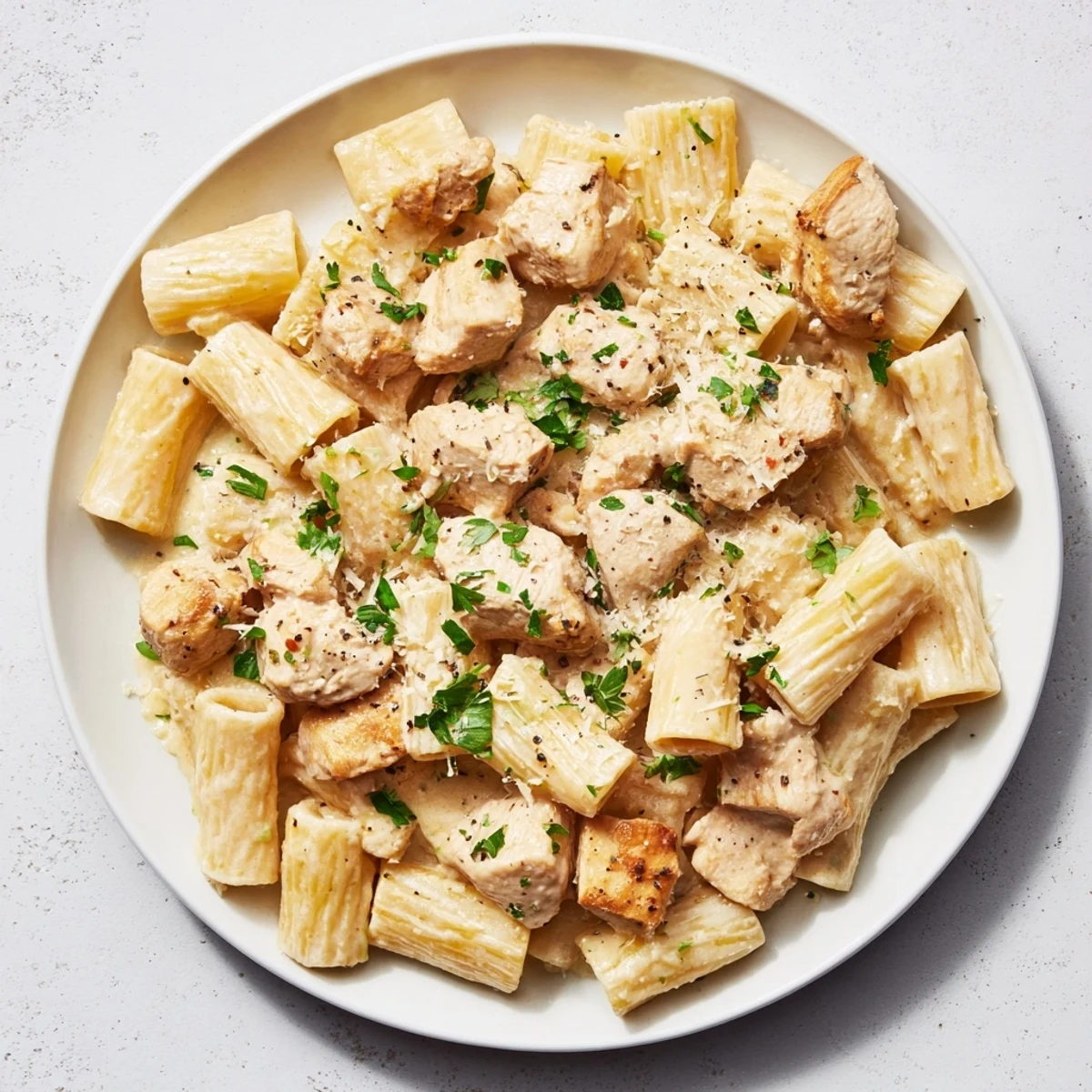 Creamy Garlic Parmesan Chicken Rigatoni in a rich sauce, garnished with fresh parsley.  