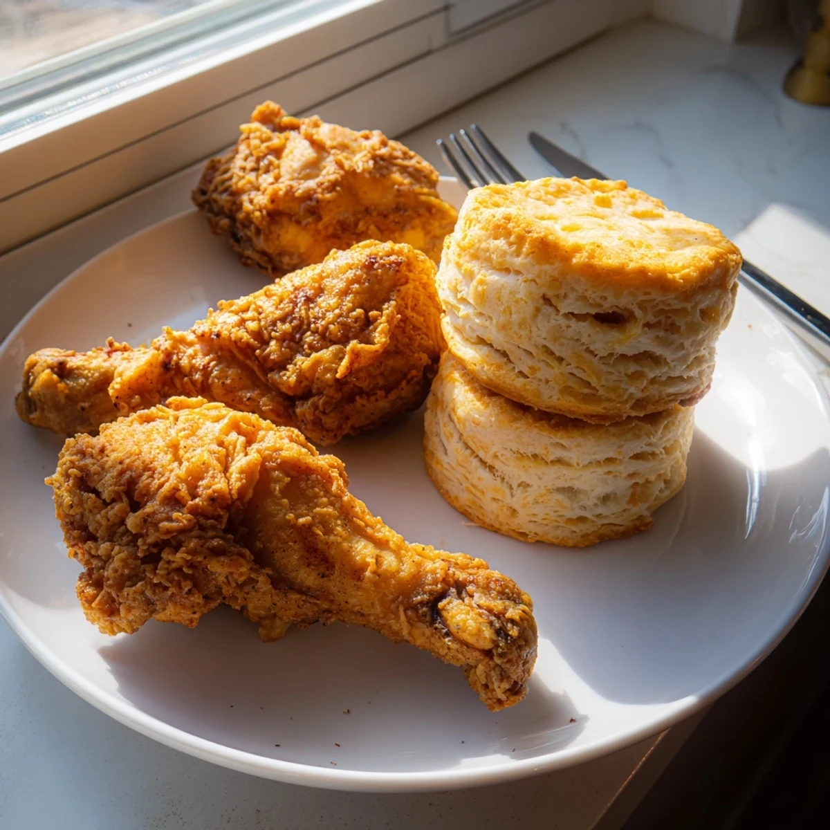 Golden-brown, crispy Southern Fried Chicken with Buttermilk Biscuits ready for a delicious Southern feast.