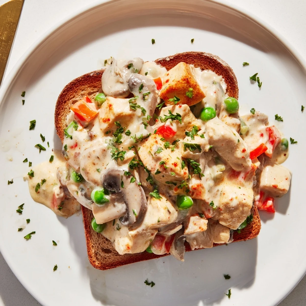Creamy Chicken à la King over toast, a close-up showing the savory, comforting main dish.