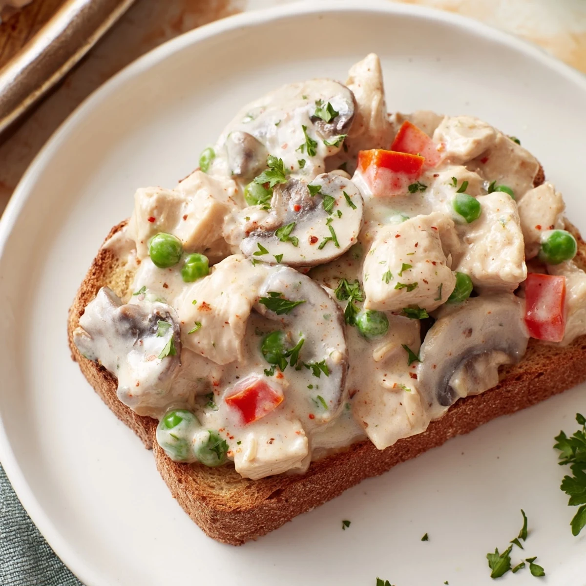 Golden toast topped with Chicken à la King, a delicious American comfort food with chicken and vegetables.