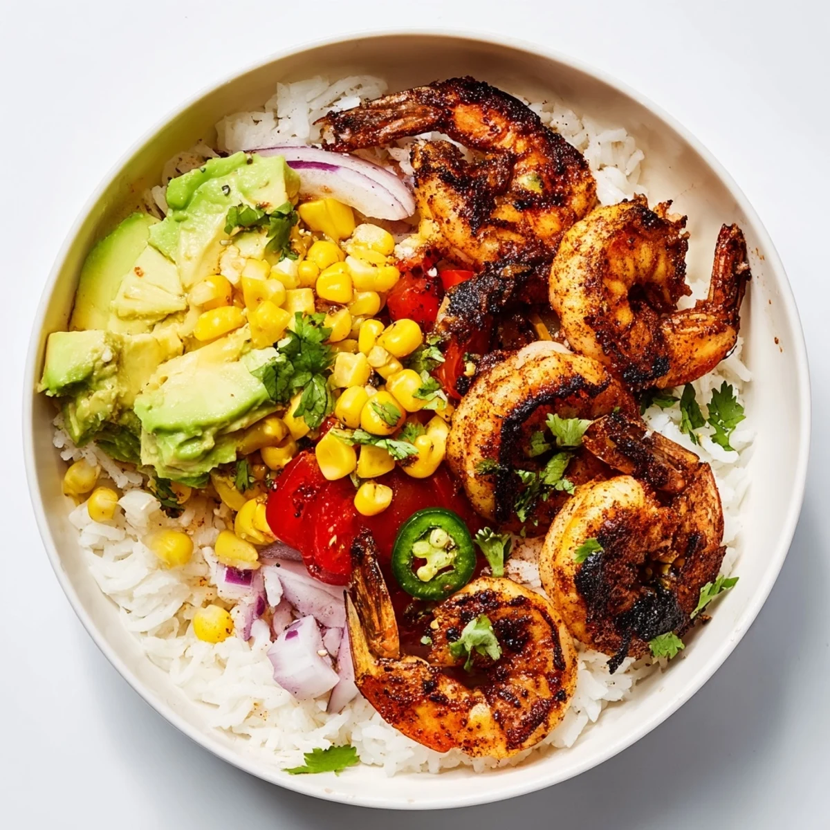 Perfectly plated Easy Grilled Shrimp Bowl, a summer meal featuring plump shrimp and fluffy rice.