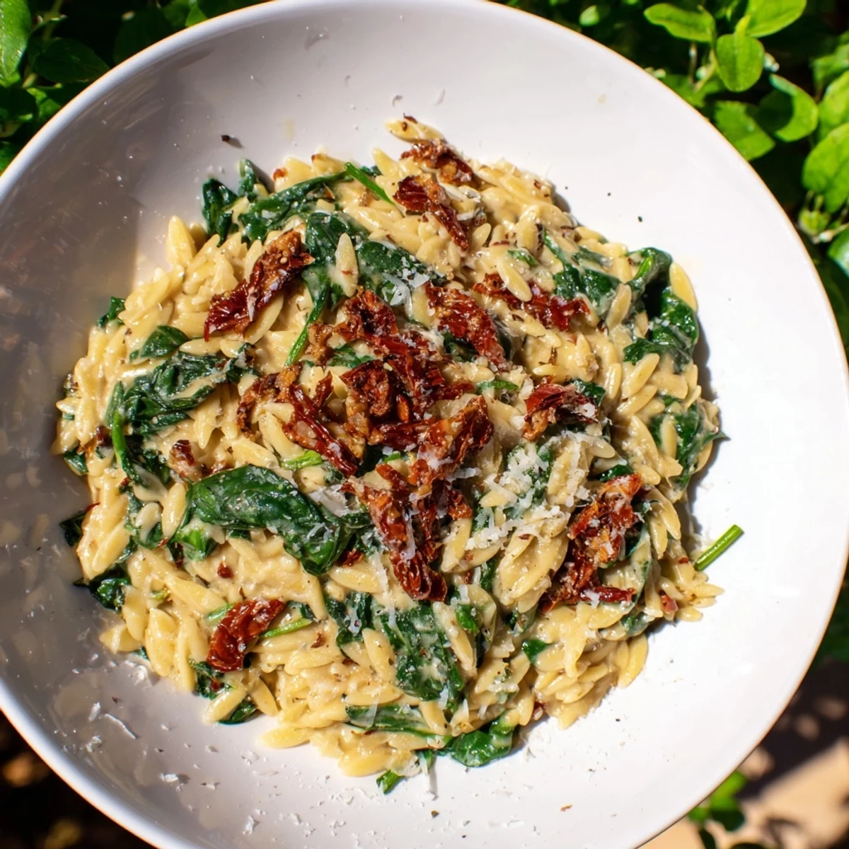 This warm Creamy Tuscan Orzo Bowl features rich, creamy sauce and sun-dried tomatoes; imagine the delicious flavors.
