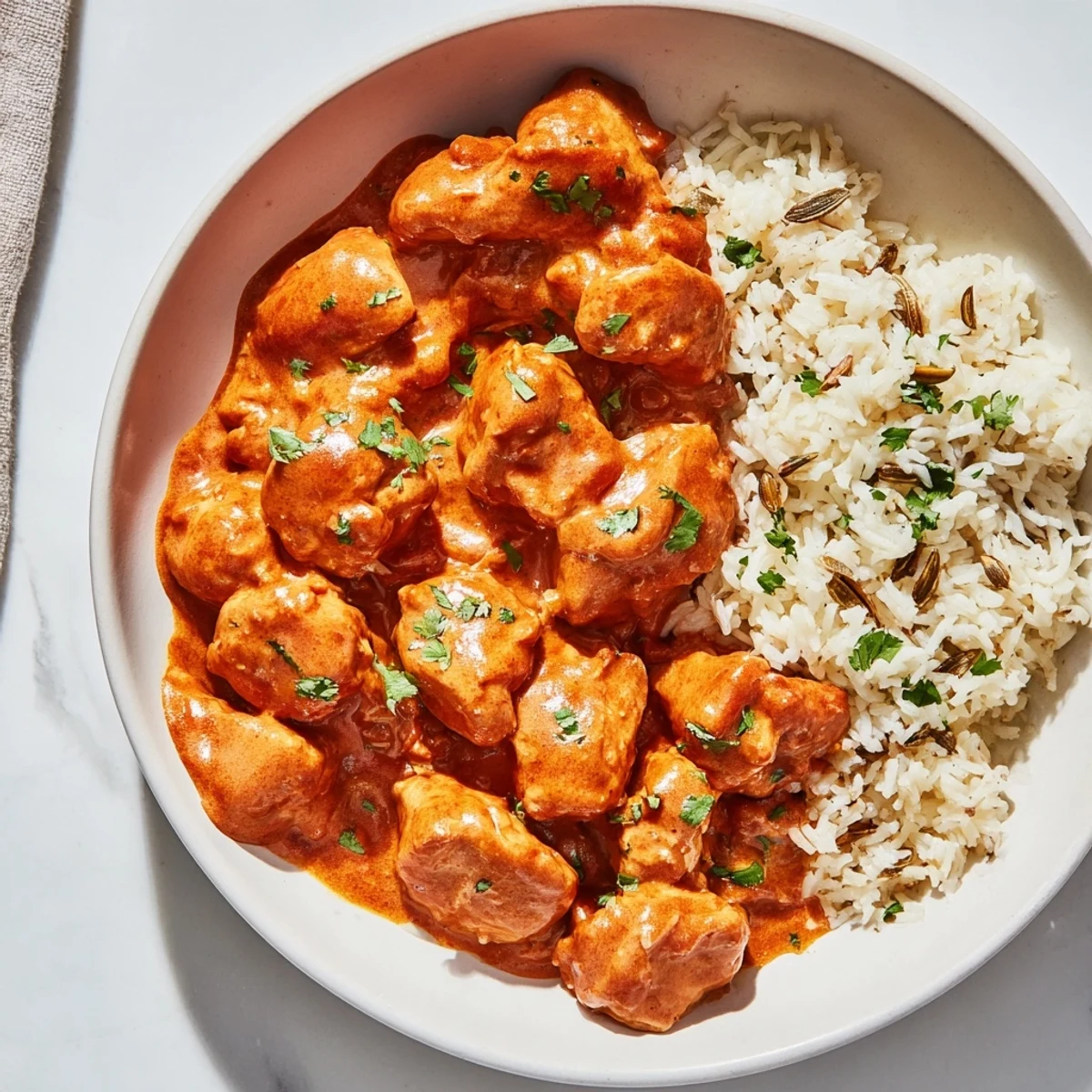Butter Chicken & Rice Pilaf, a creamy Indian dish with tender chicken and fragrant rice ready to enjoy.
