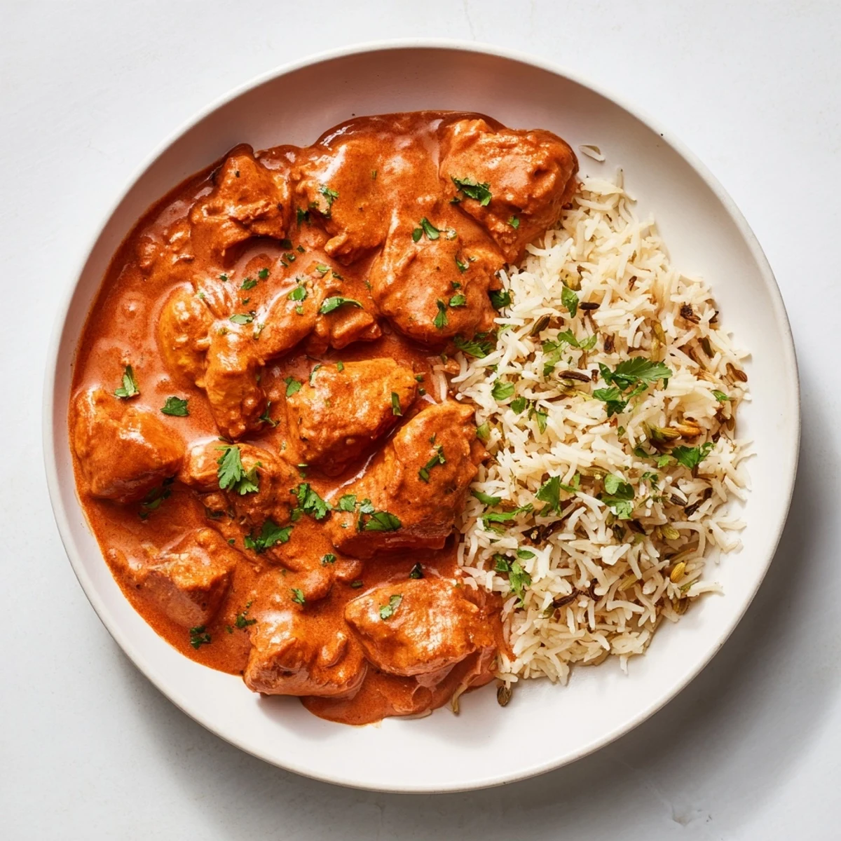 Fragrant Butter Chicken & Rice Pilaf, served beautifully, showcasing the creamy sauce and fluffy rice on a plate.