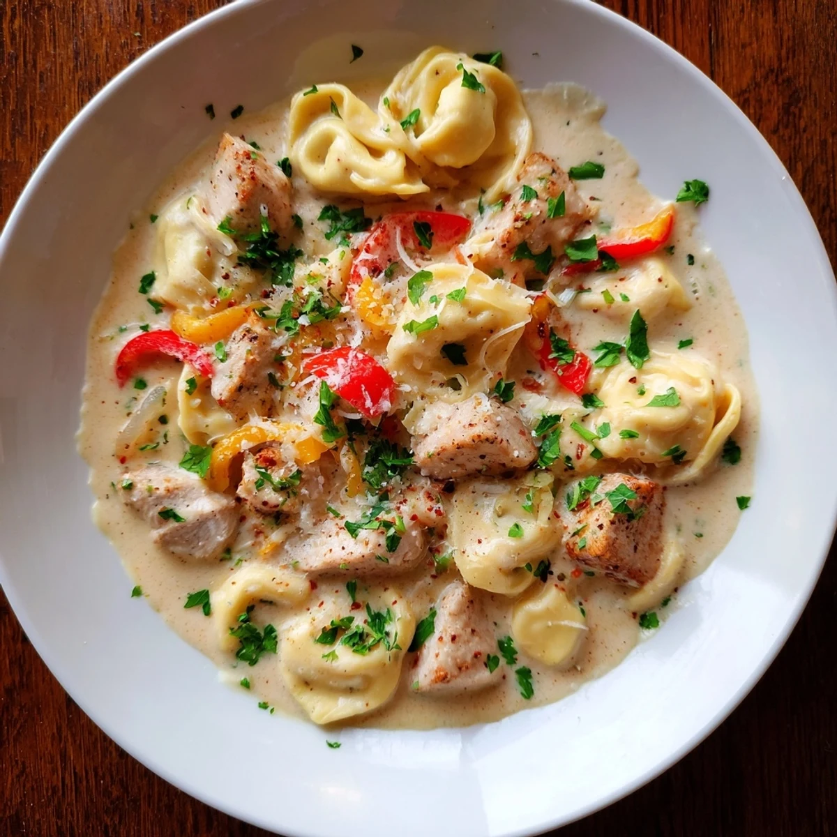 Zesty Cajun Garlic Parmesan Chicken Tortellini, a creamy, spicy pasta dish, ready for serving with parsley.
