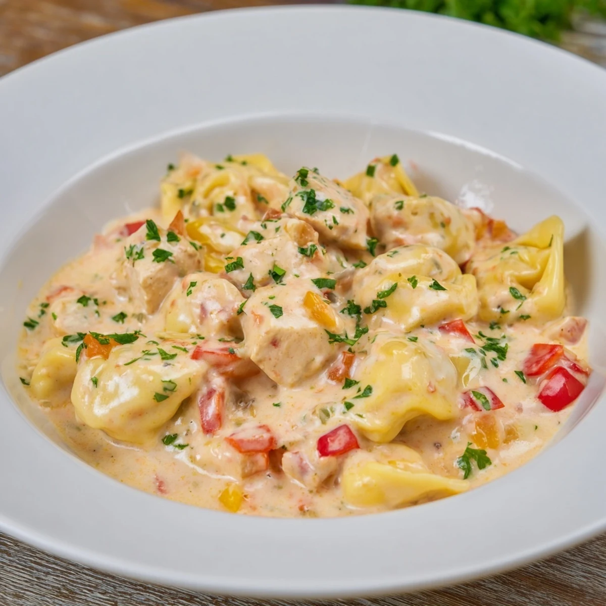 A flavorful close-up of Zesty Cajun Garlic Parmesan Chicken Tortellini, garnished and ready to enjoy.