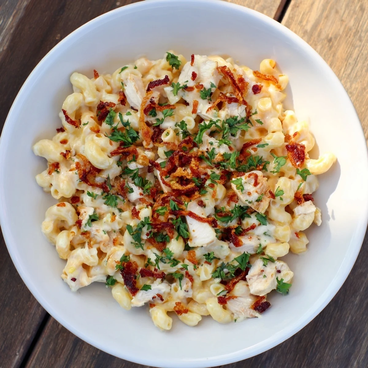 One-Pot Honey BBQ Chicken Mac and Cheese, bubbling and cheesy with crispy onion topping.