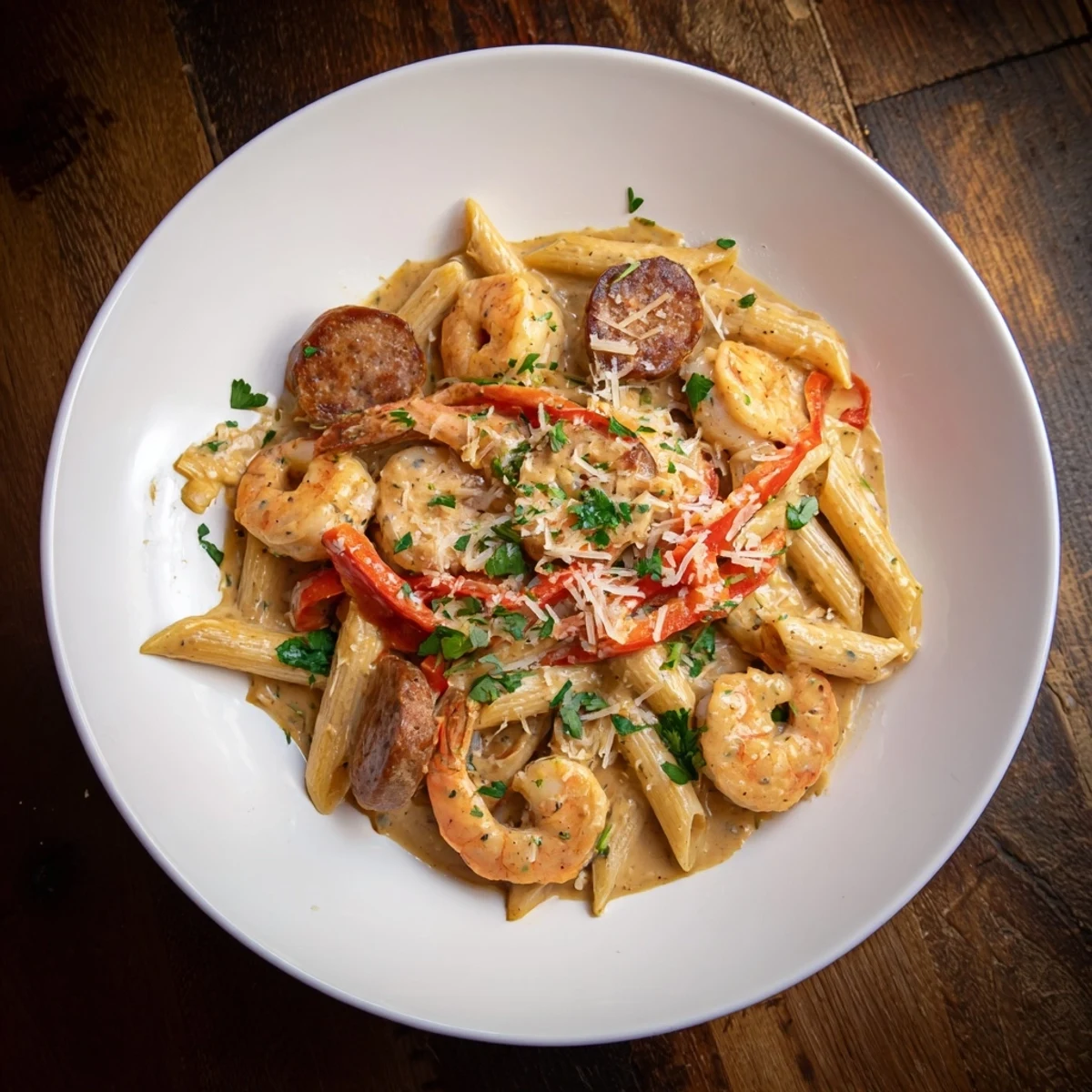 Cajun Sausage & Shrimp Alfredo Pasta Skillet sizzling in pan, featuring plump shrimp and smoky sausage.