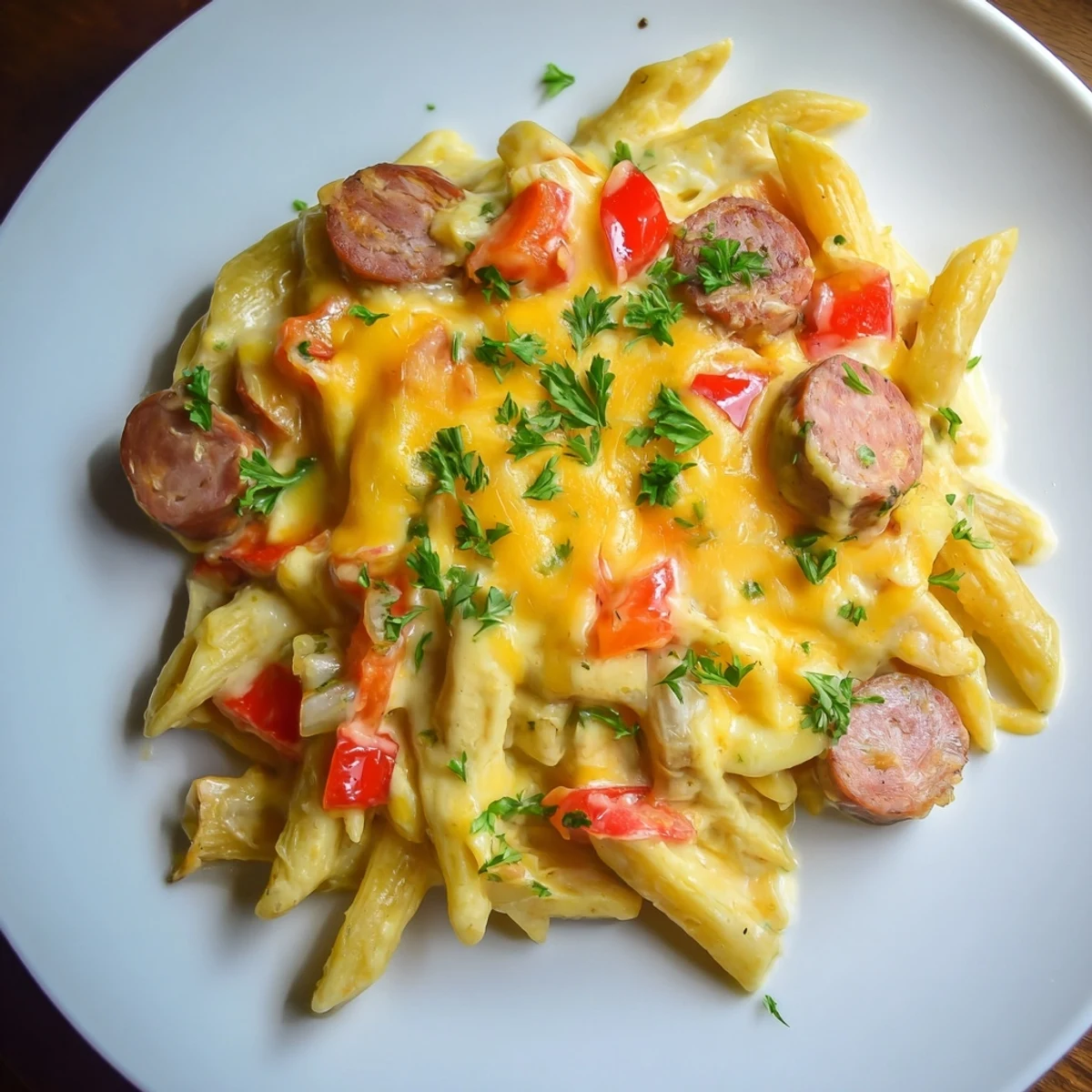 Smoked Sausage & Cheddar Pasta Bake bubbling with golden cheese, a comforting baked pasta dish.