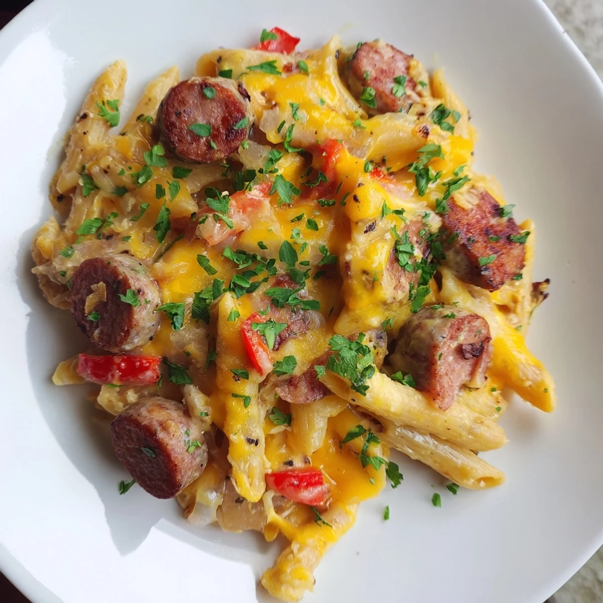 A close-up of a bubbling, cheesy Smoked Sausage & Cheddar Pasta Bake, ready for a hearty meal.