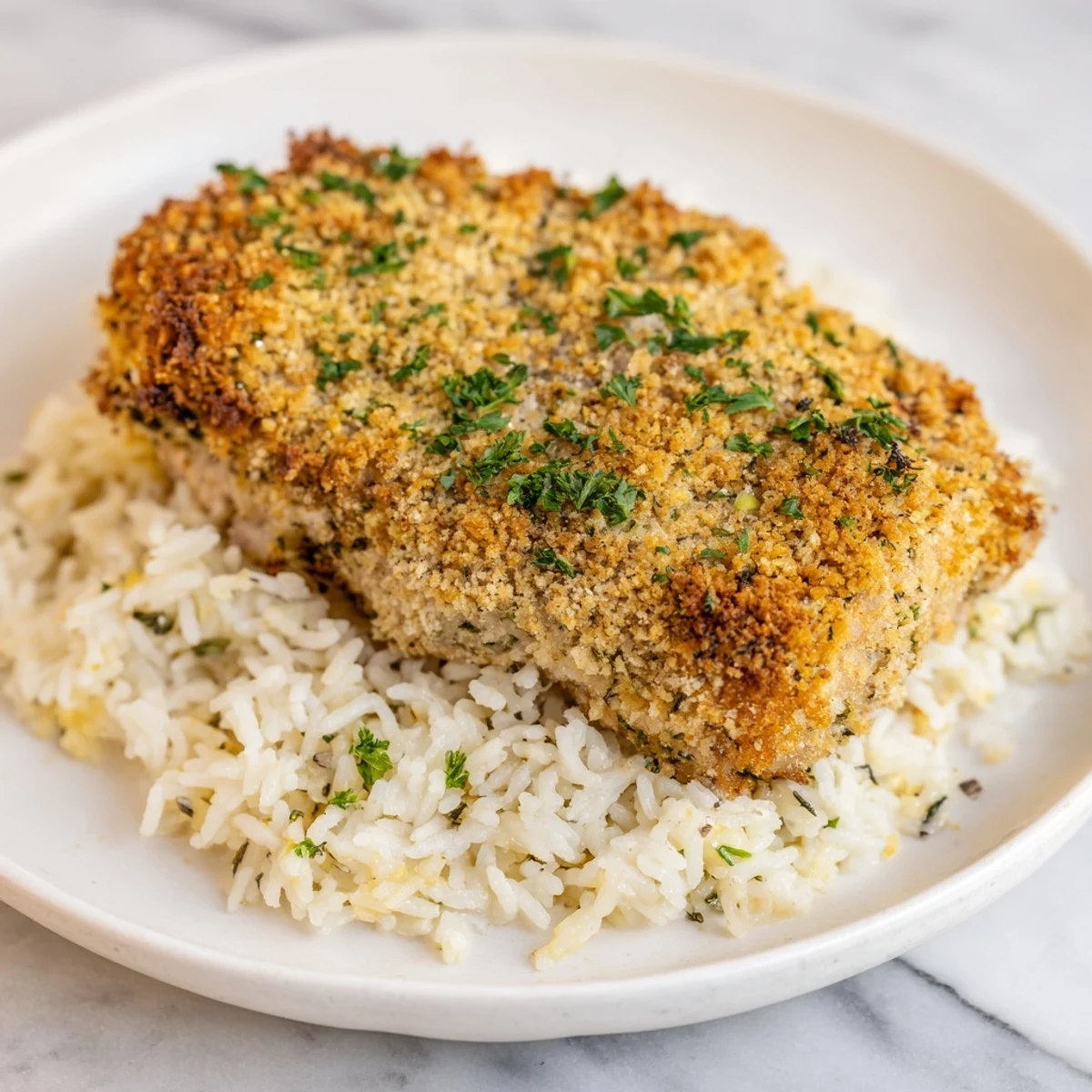 Flavorful Parmesan Herb Pork Chops atop a bed of fragrant rice, a classic home-cooked family meal.