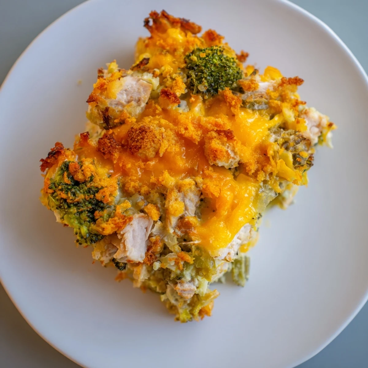 Golden, bubbly Cheddar Broccoli Chicken Bake: a cozy casserole with tender chicken and melted cheese.