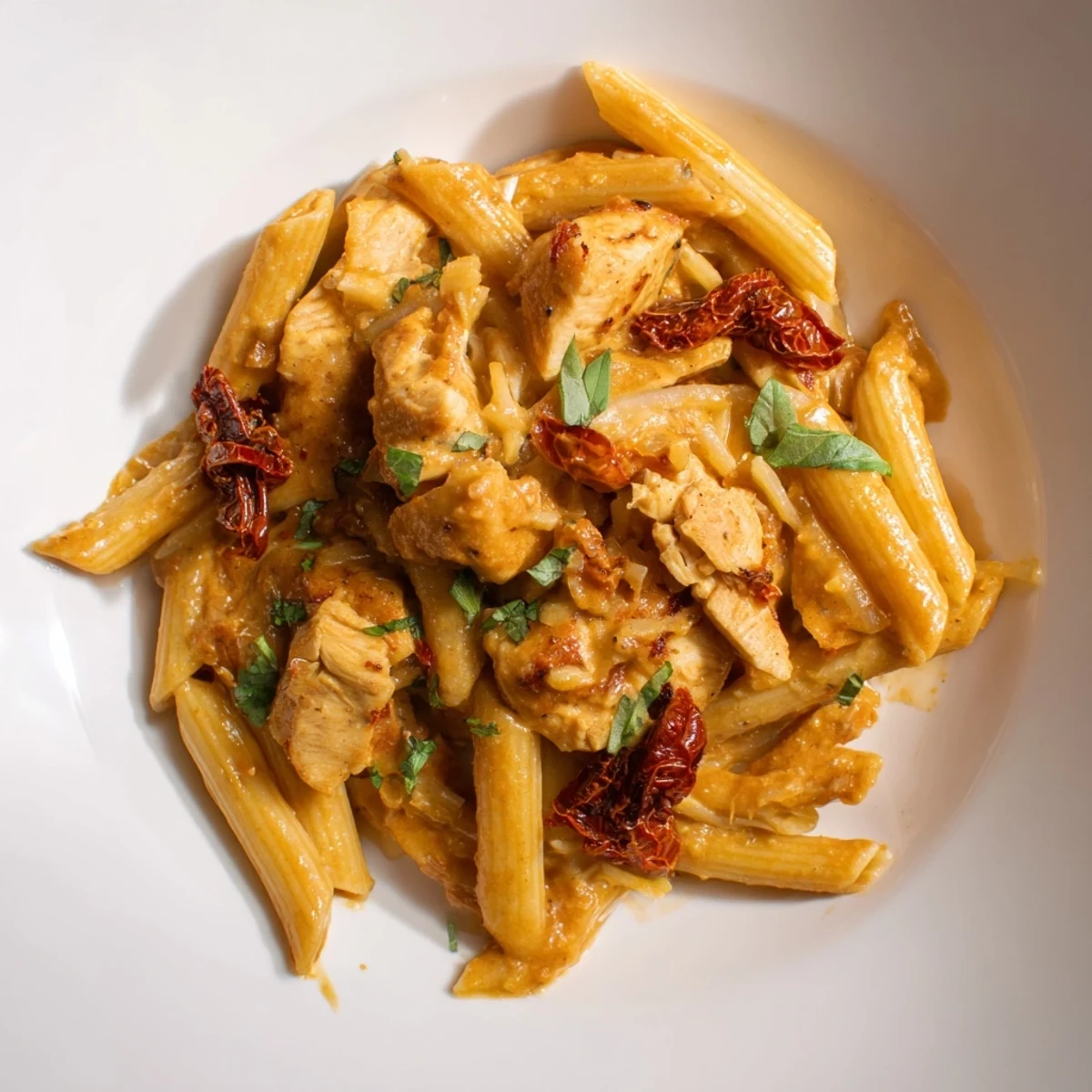This Creamy Tomato Basil Chicken Pasta showcases warm, inviting textures, including a rich, glossy tomato sauce.