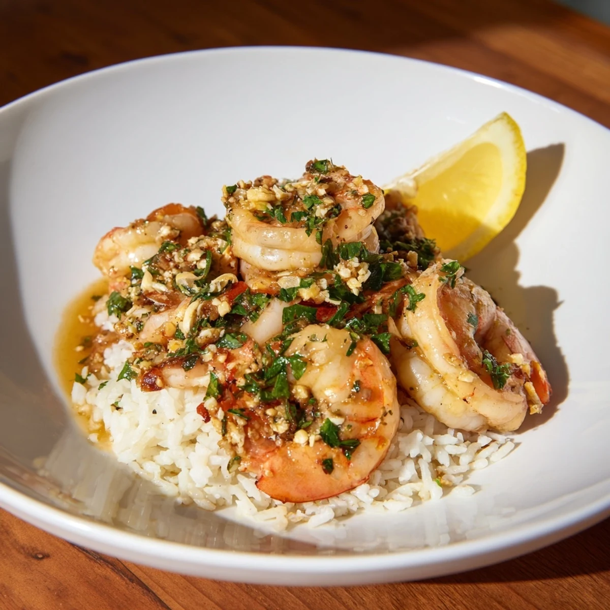 Garlic Butter Shrimp Rice Bowl overflowing with fragrant, glistening shrimp and fluffy rice, fresh herbs.