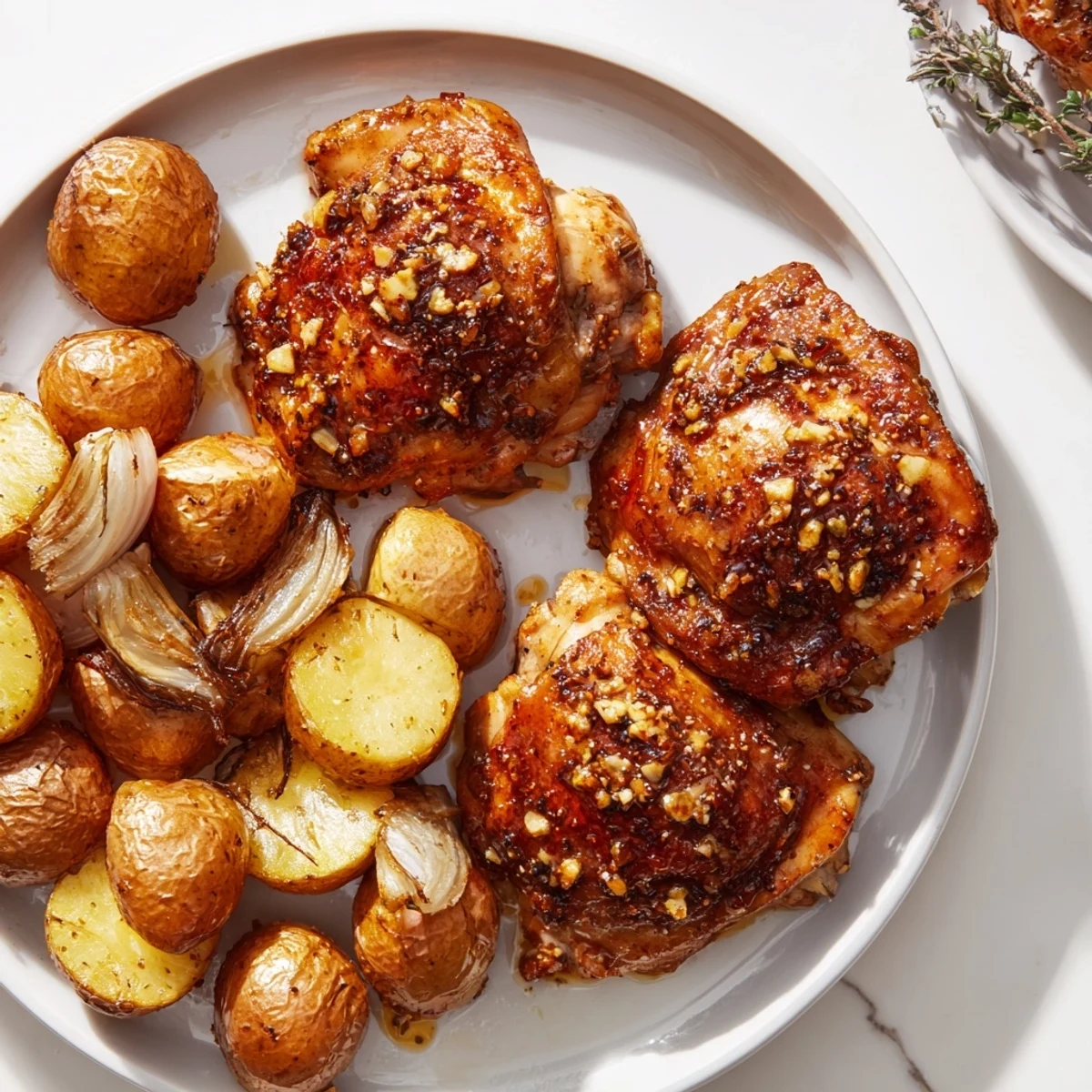 Golden brown honey mustard chicken with crispy roasted potatoes, ready for a delicious dinner.