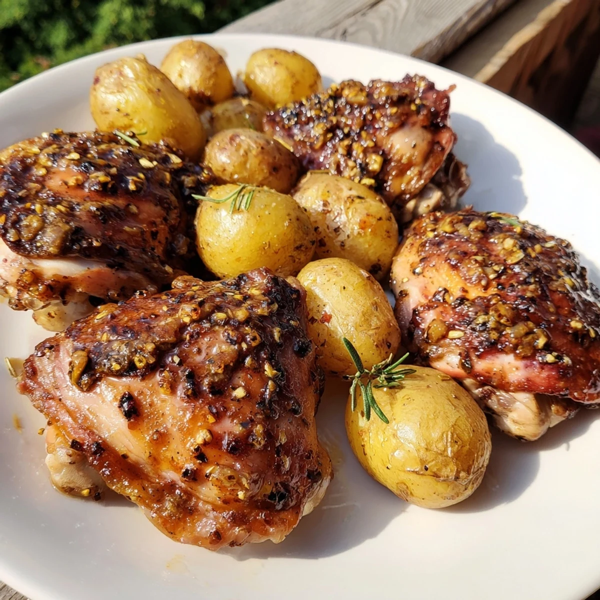 A close-up of tender honey mustard chicken & roasted potatoes, offering a savory, flavorful meal.