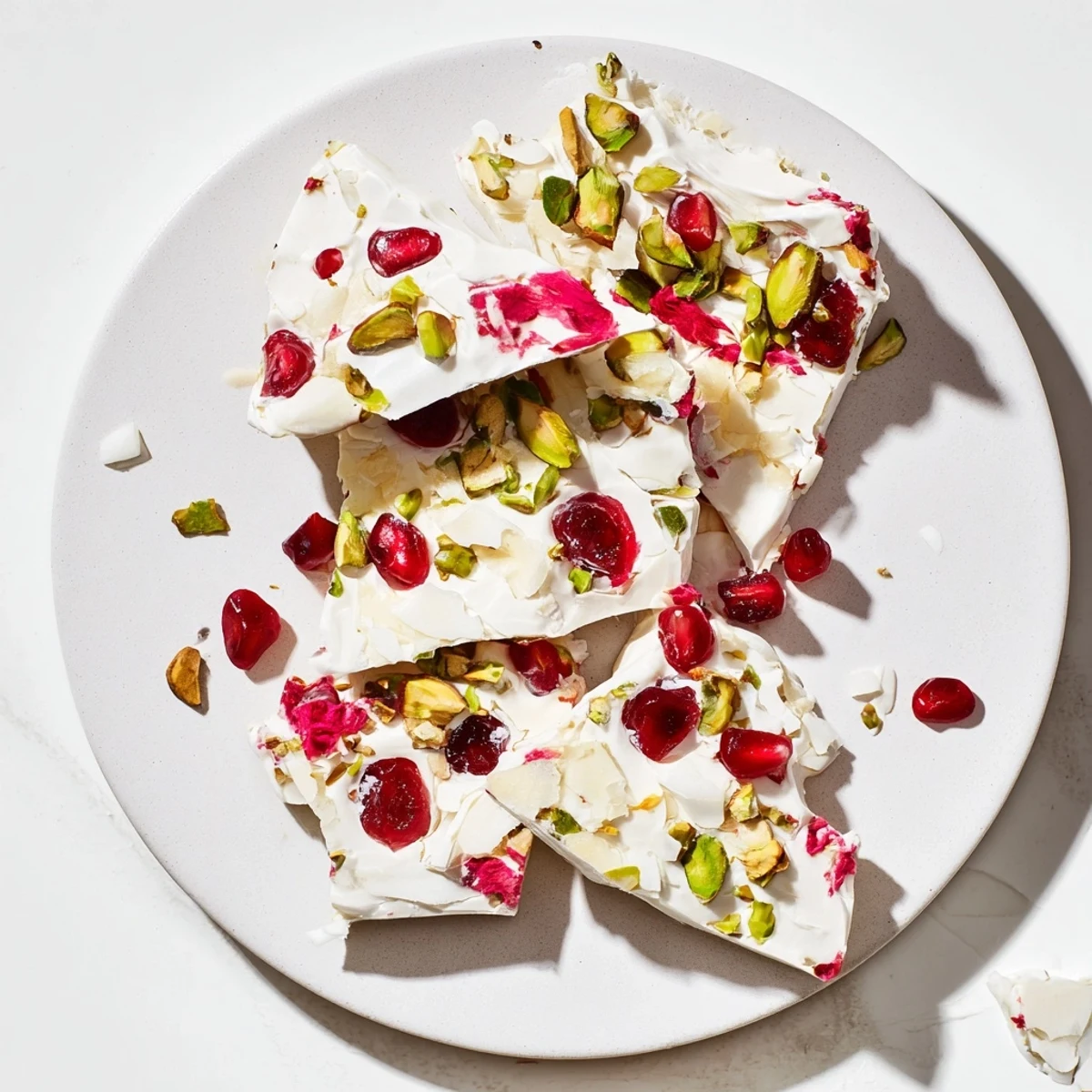 Creamy Frozen Yogurt Bark with ruby pomegranate seeds and crunchy pistachios, a delightful treat.