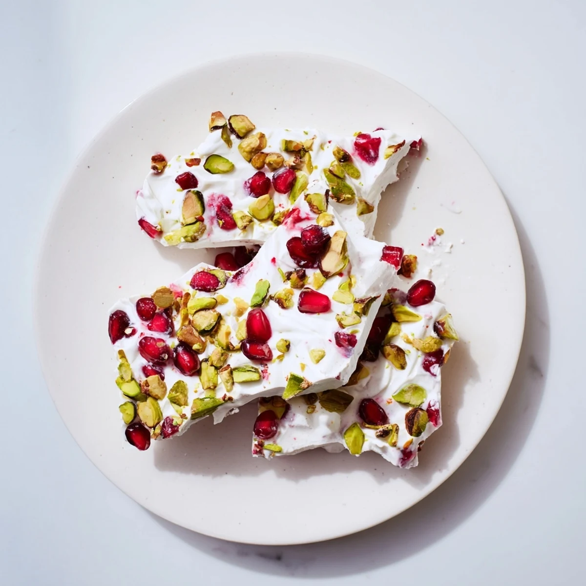 Vibrant pink Frozen Yogurt Bark topped with juicy pomegranate and pistachios, ready to enjoy.