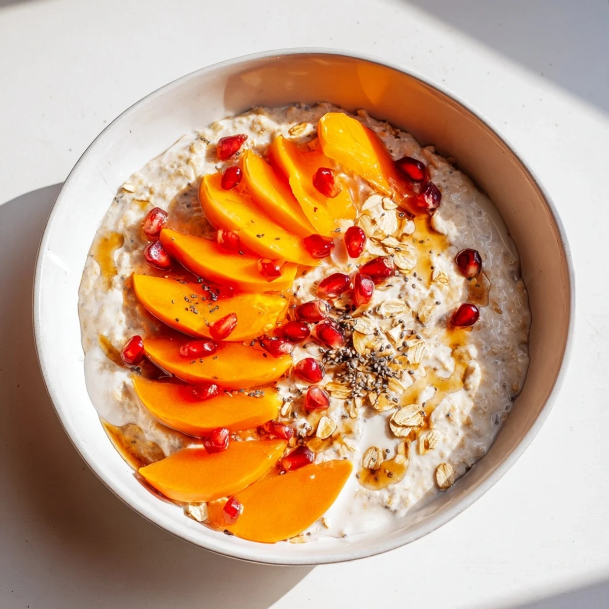 Picture a colorful bowl of Overnight Oats with Persimmon, garnished with fresh pomegranate for a tasty start.