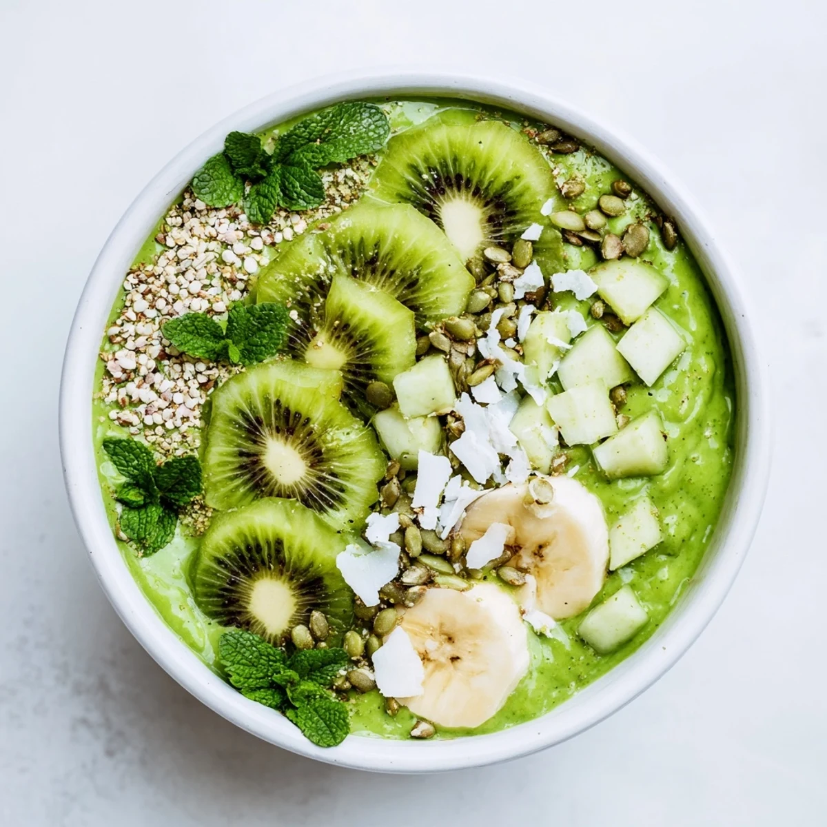 Creamy Green Smoothie Bowl with kale, avocado, and kiwi, a vibrant vegan breakfast ready to enjoy.