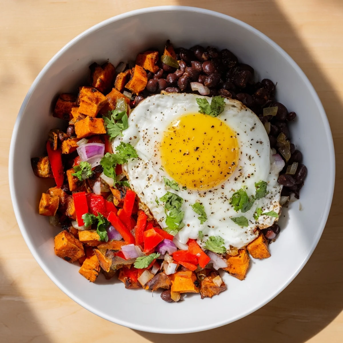 Golden, roasted sweet potatoes and black beans in a skillet, topped with perfectly cooked eggs for the breakfast hash.