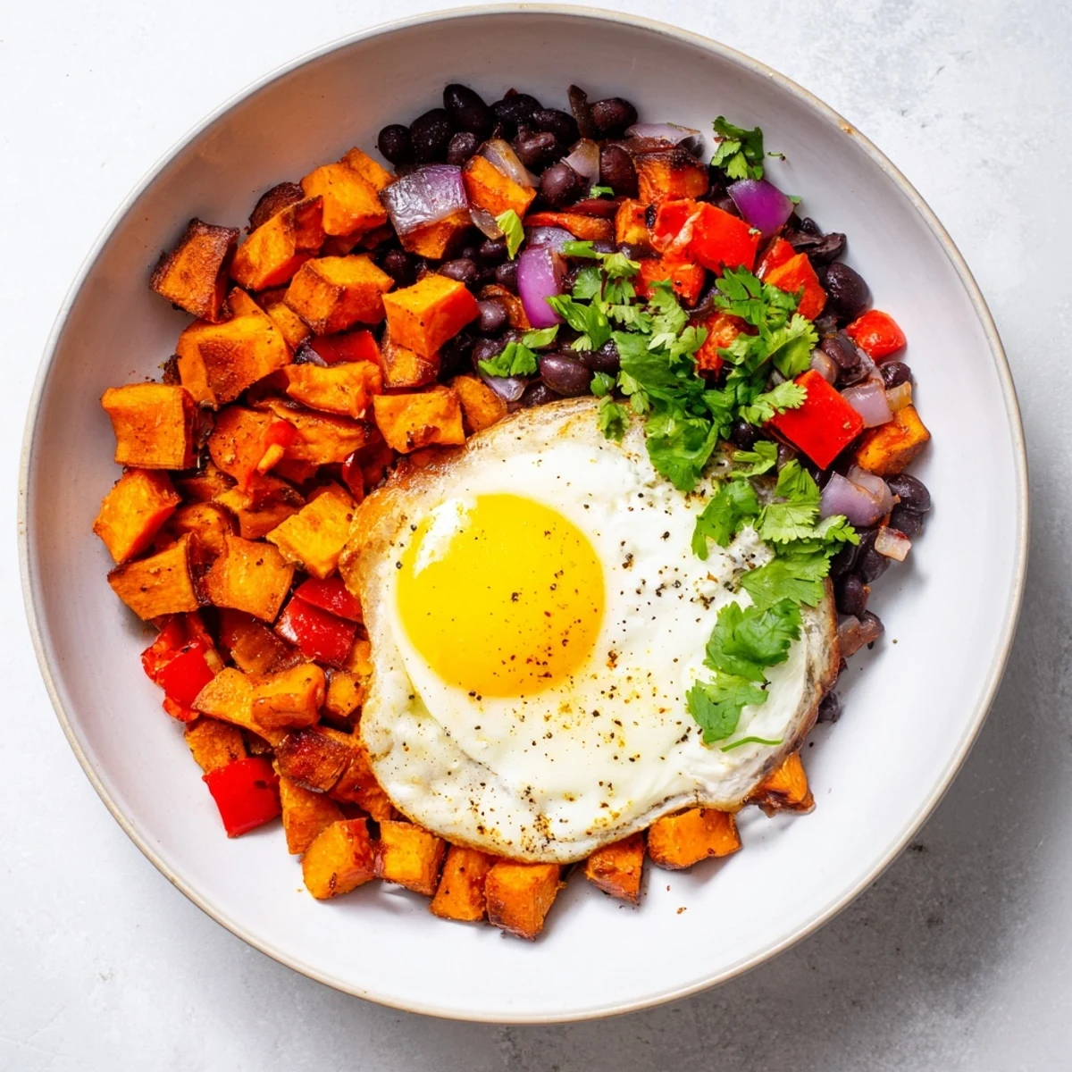 A close-up shot of the flavorful Sweet Potato & Black Bean Breakfast Hash, garnished with fresh cilantro and ready to eat.