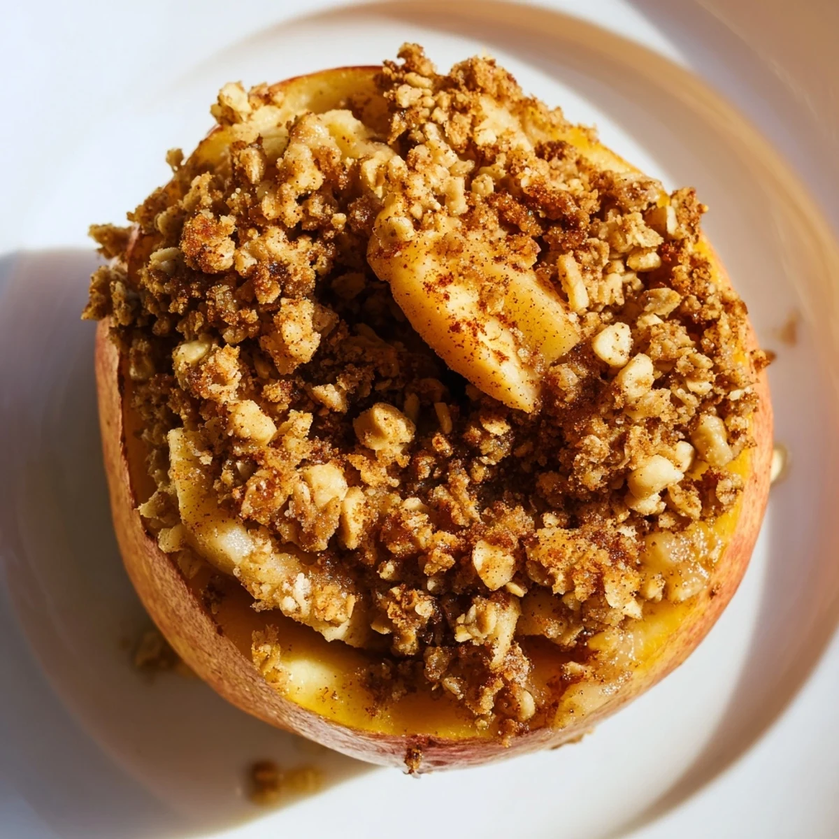 Warm baked apples with oat-nut crumble, perfect sweet treat bursting with cinnamon flavors.