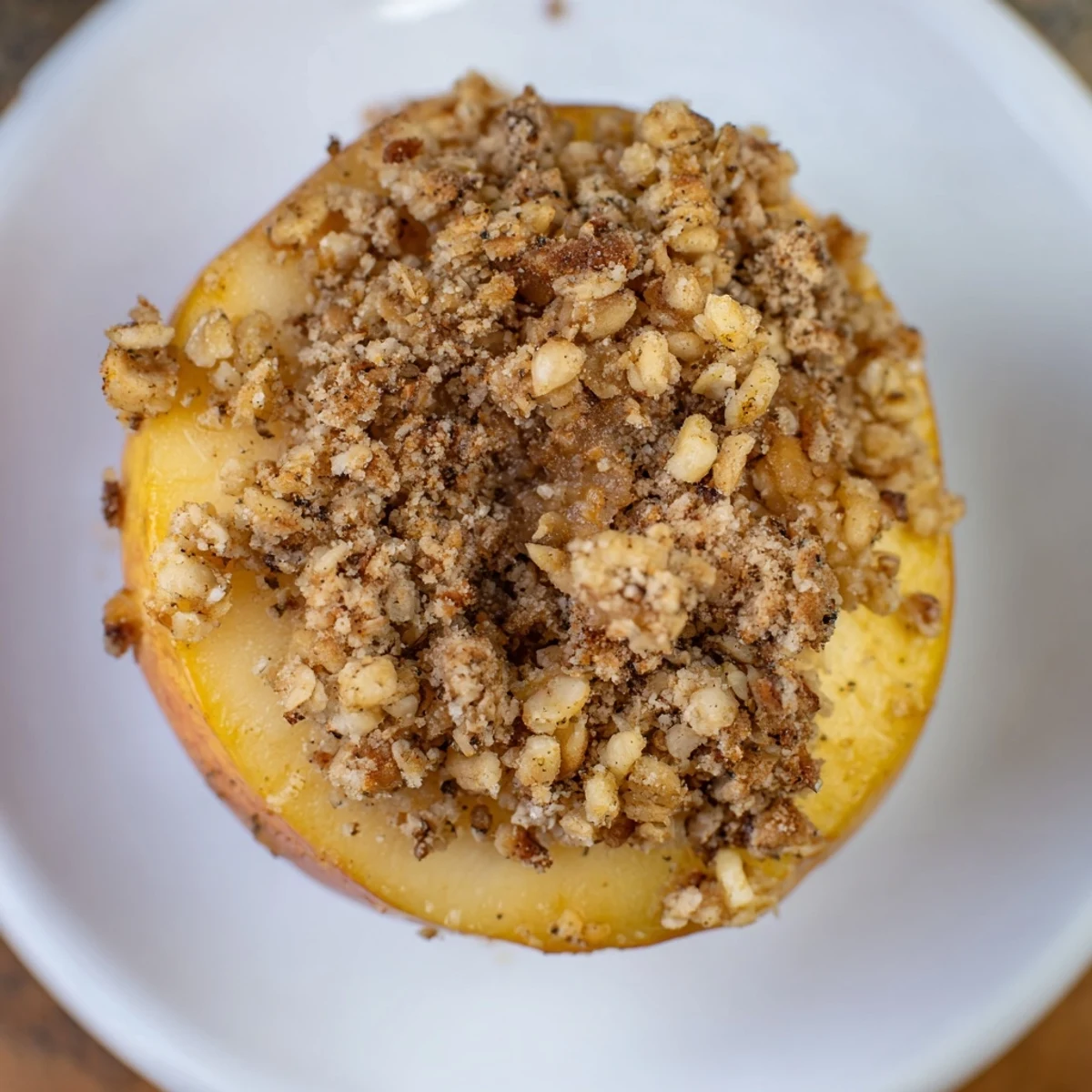 Delicious homemade baked apples with oat-nut crumble; a cozy dessert filled with fall spices.