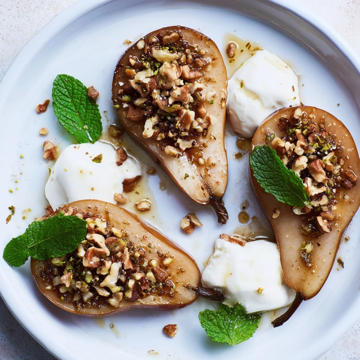 Enjoy a photo of elegant roasted pears, cinnamon-infused with walnuts and a dollop of yogurt.