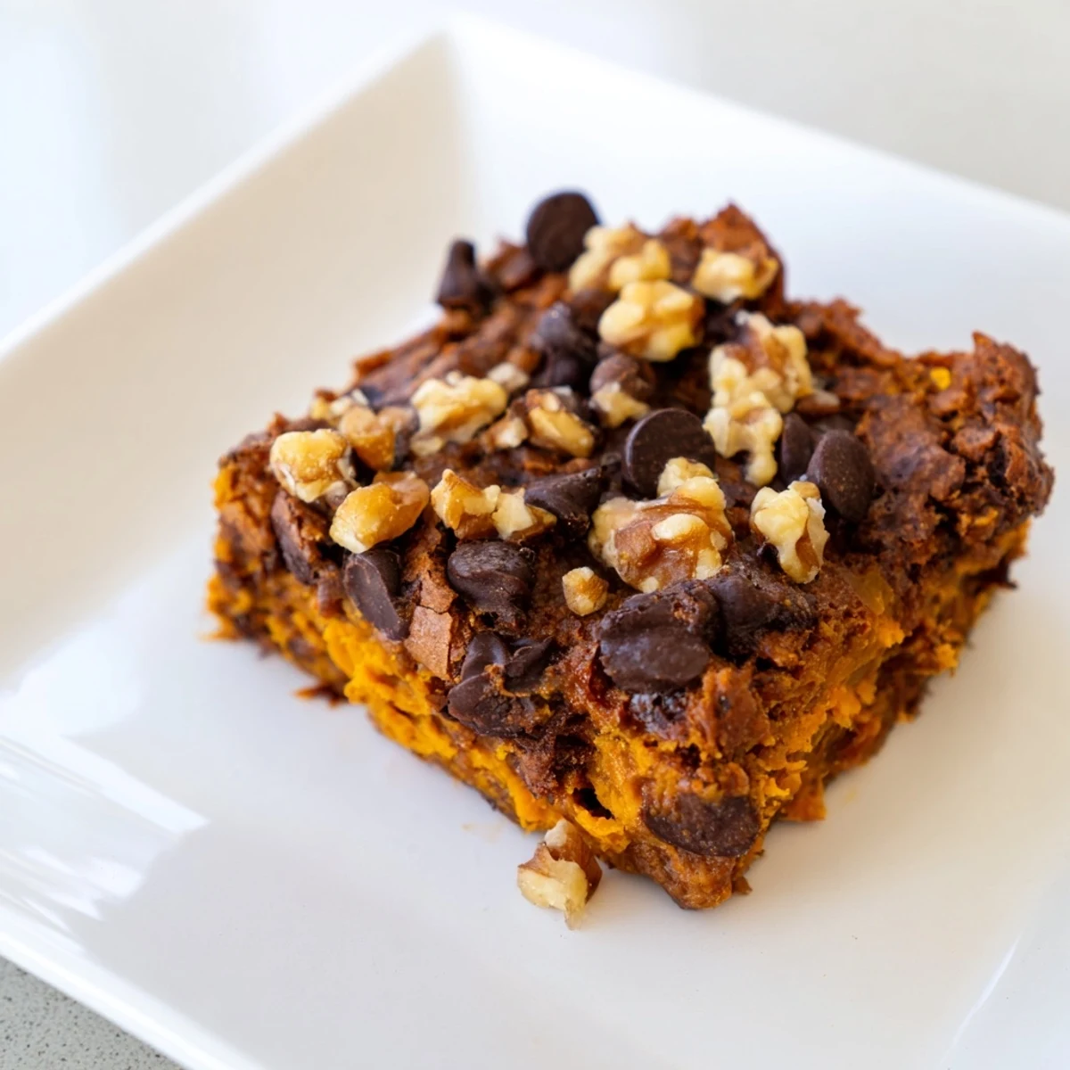 Warm, gooey sweet potato brownies, studded with dark chocolate chips, ready to slice and serve.