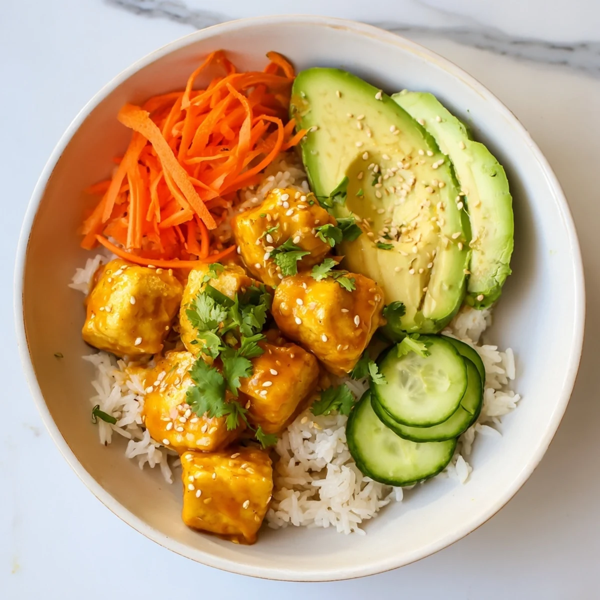 A vibrant bowl of chili-mayo baked tofu, showing a vegetarian feast with colorful garnishes.