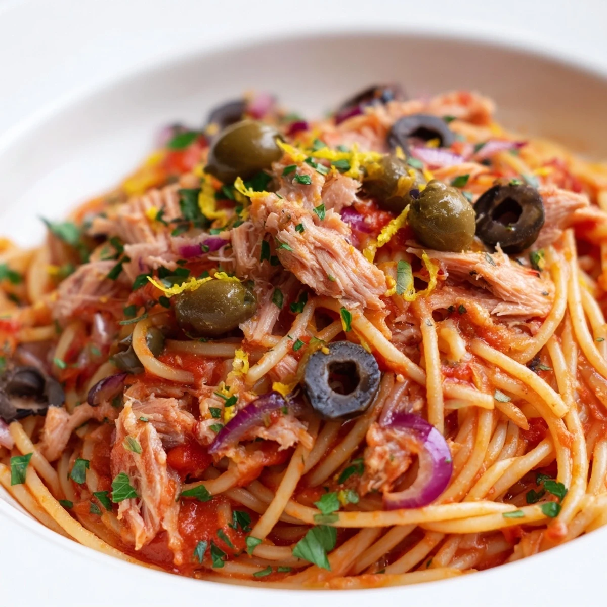 Delicious pasta with tuna, olives, and capers, showcasing juicy olives and flaky tuna in tomato sauce.