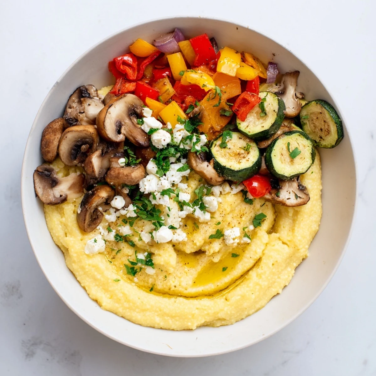 Warm, hearty Cornmeal Mush Polenta Bowls, a comforting vegetarian meal topped with fresh herbs.